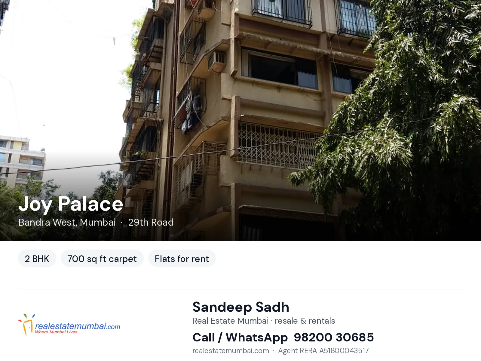 Joy Palace, Bandra West, Mumbai — 2 BHK flats for rent | Real Estate Mumbai, Sandeep Sadh 98200 30685