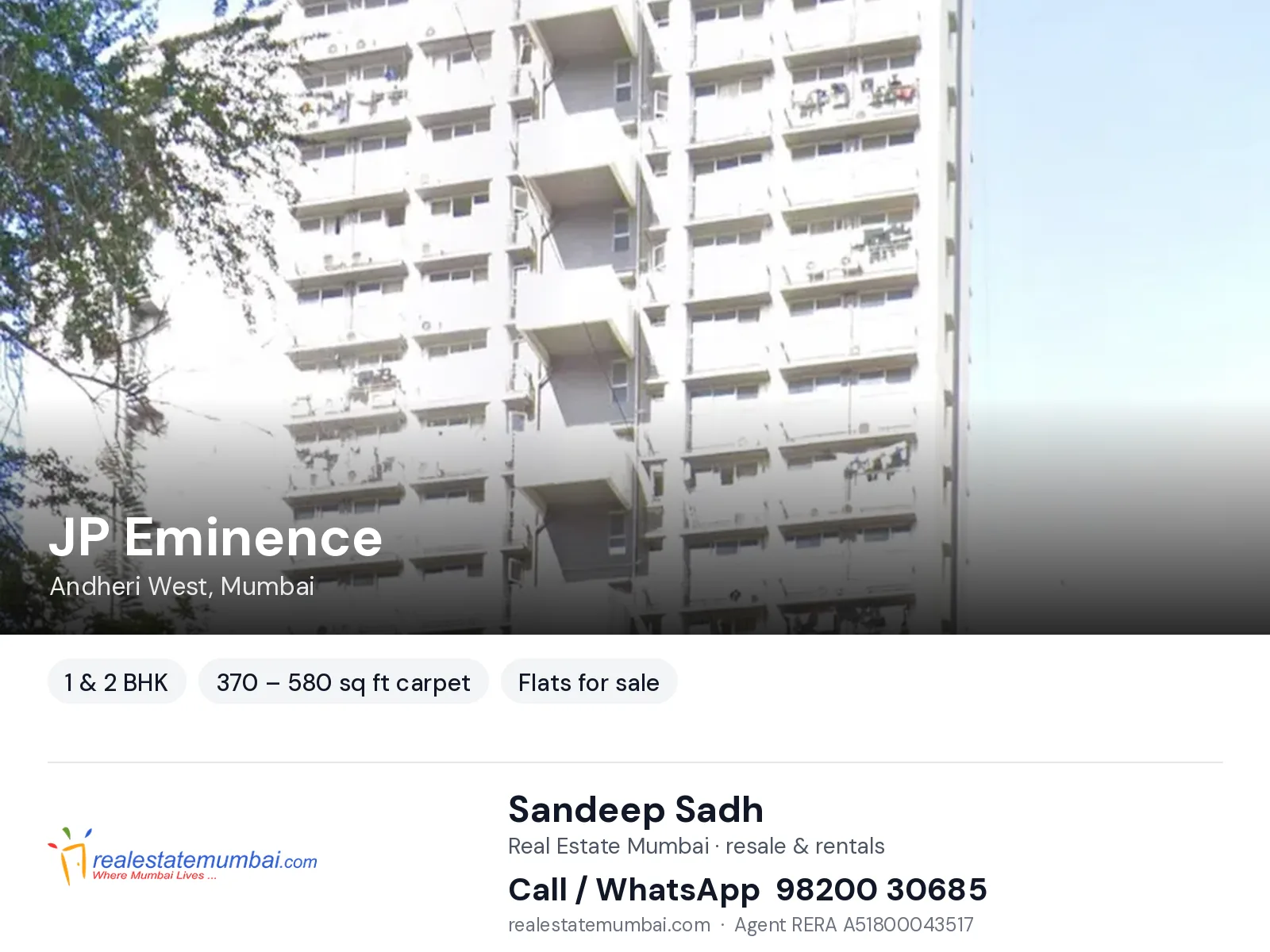 JP Eminence, Andheri West, Mumbai — 1 & 2 BHK flats for sale | Real Estate Mumbai, Sandeep Sadh 98200 30685
