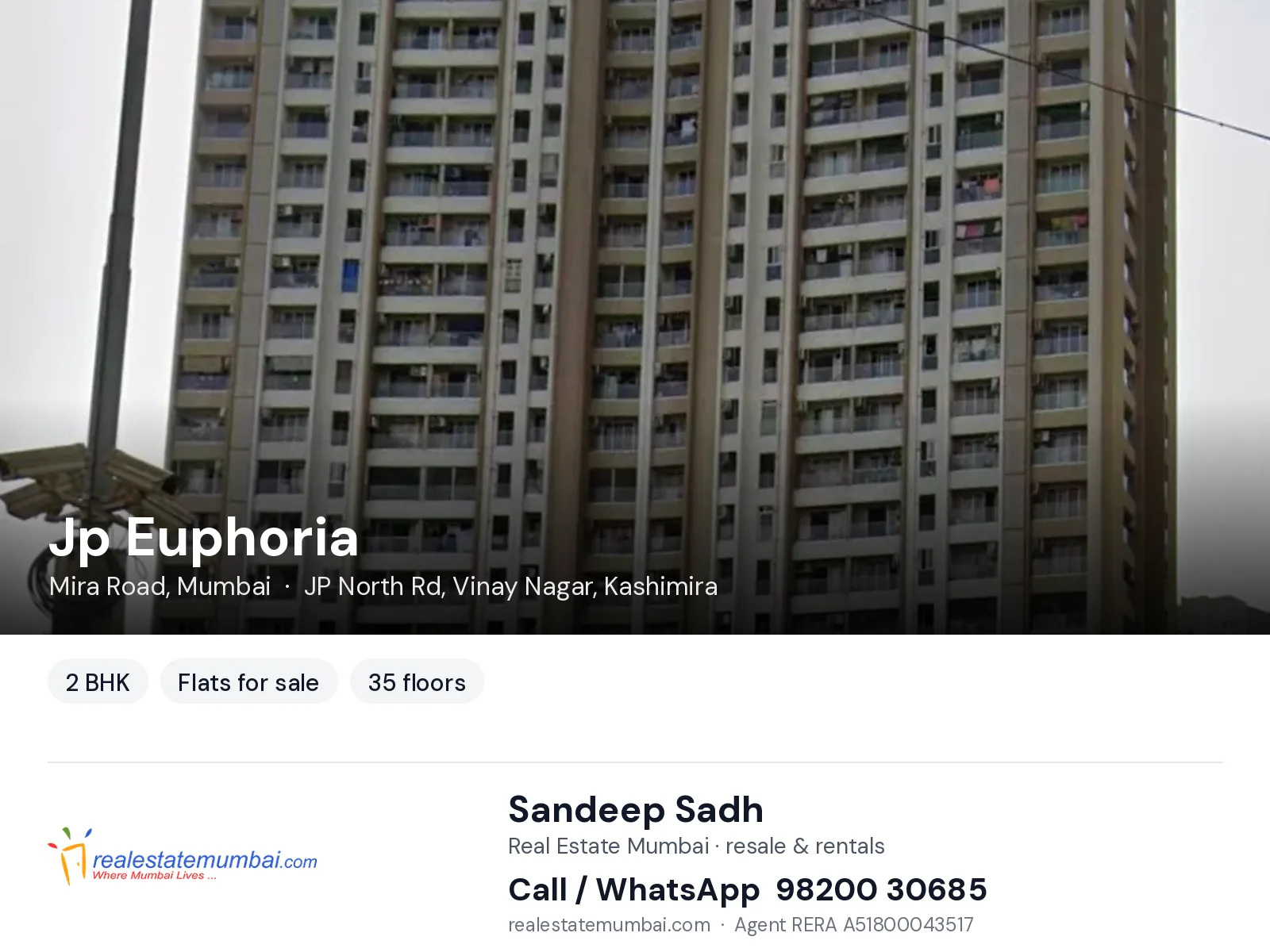 Jp Euphoria, Mira Road, Mumbai — 2 BHK flats for sale | Real Estate Mumbai, Sandeep Sadh 98200 30685