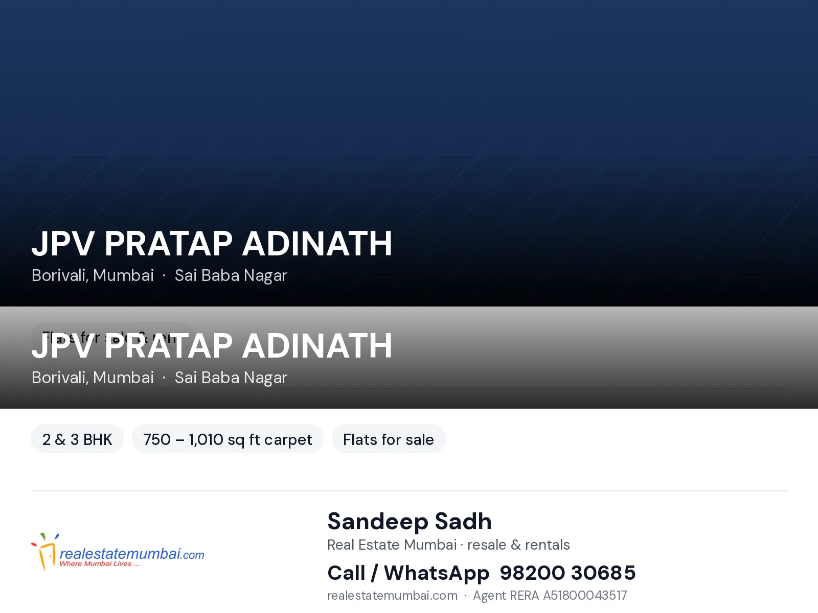 JPV PRATAP ADINATH, Borivali, Mumbai — 2 & 3 BHK flats for sale | Real Estate Mumbai, Sandeep Sadh 98200 30685