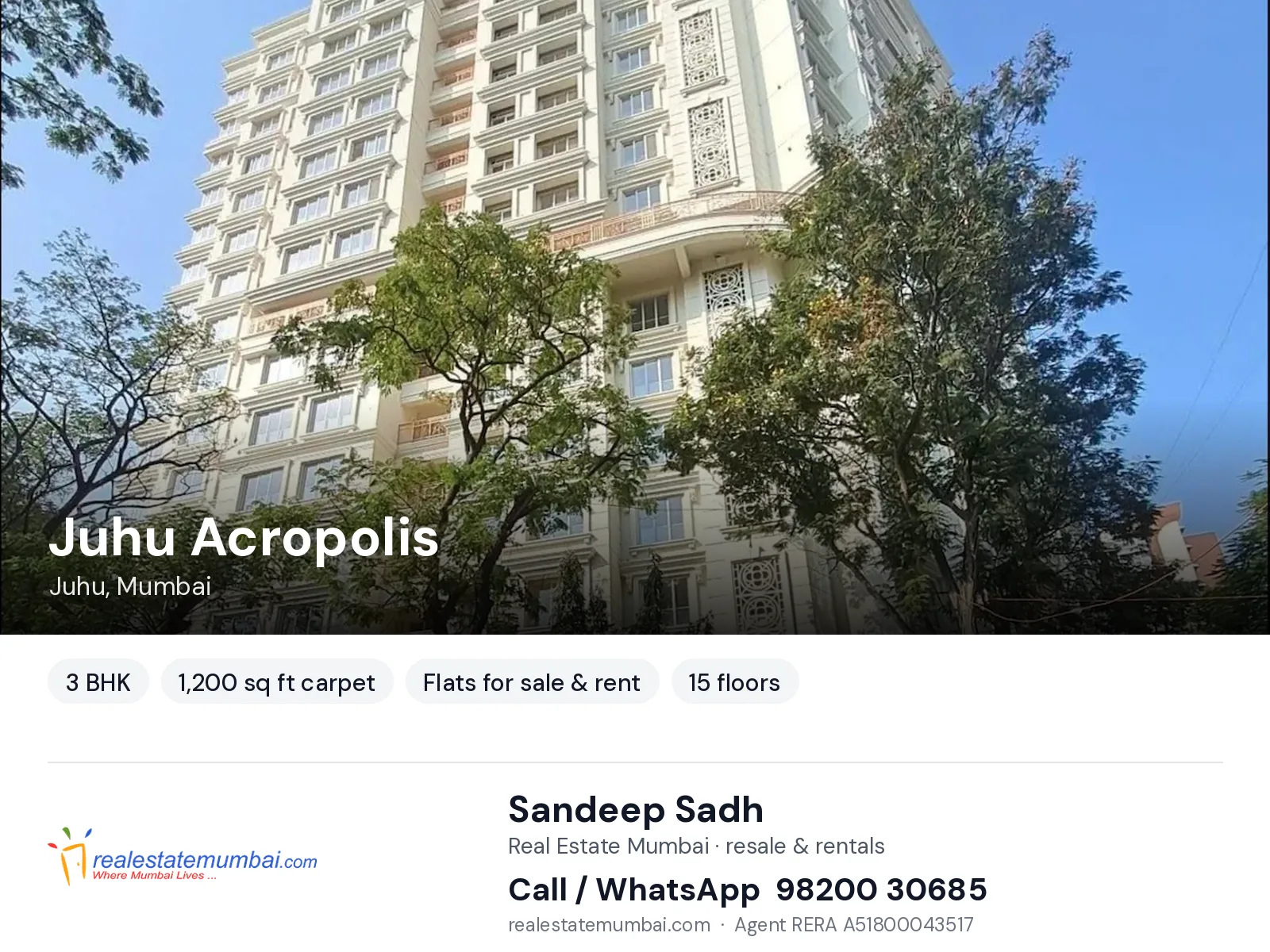 Juhu Acropolis, Juhu, Mumbai — 3 BHK flats for sale & rent | Real Estate Mumbai, Sandeep Sadh 98200 30685