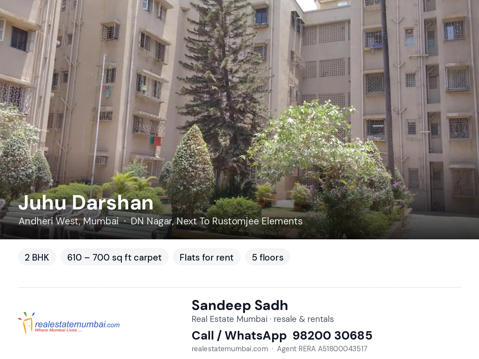 Juhu Darshan, Andheri West, Mumbai — 2 BHK flats for rent | Real Estate Mumbai, Sandeep Sadh 98200 30685
