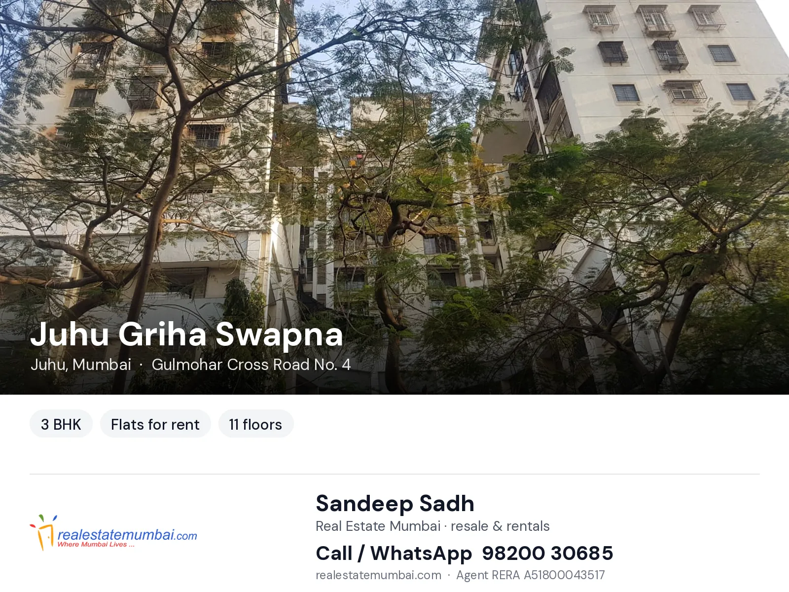 Juhu Griha Swapna, Juhu, Mumbai — 3 BHK flats for rent | Real Estate Mumbai, Sandeep Sadh 98200 30685