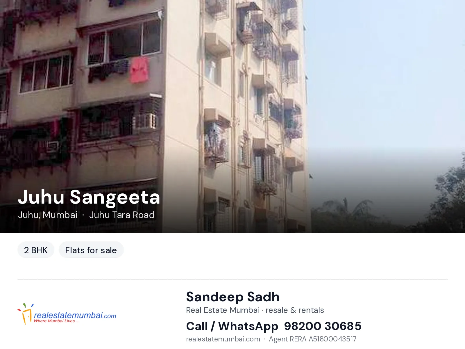 Juhu Sangeeta, Juhu, Mumbai — 2 BHK flats for sale | Real Estate Mumbai, Sandeep Sadh 98200 30685
