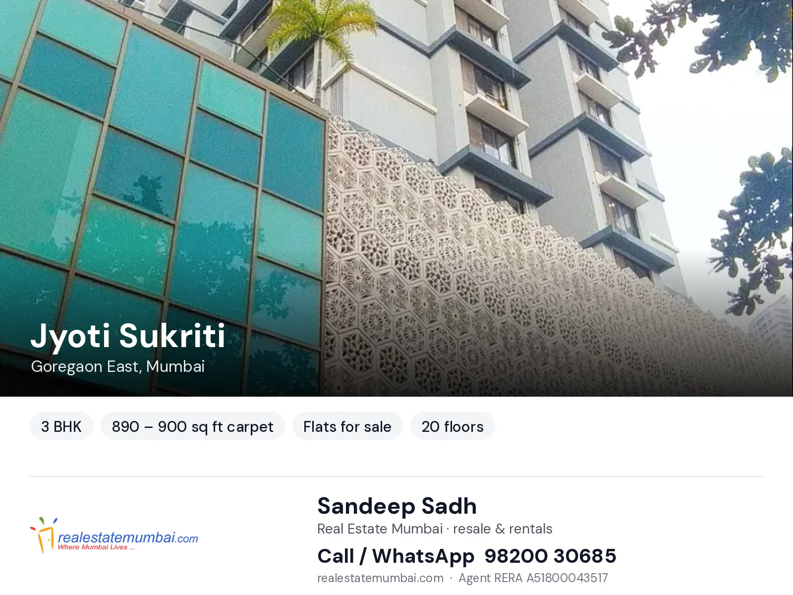 Jyoti Sukriti, Goregaon East, Mumbai — 3 BHK flats for sale | Real Estate Mumbai, Sandeep Sadh 98200 30685