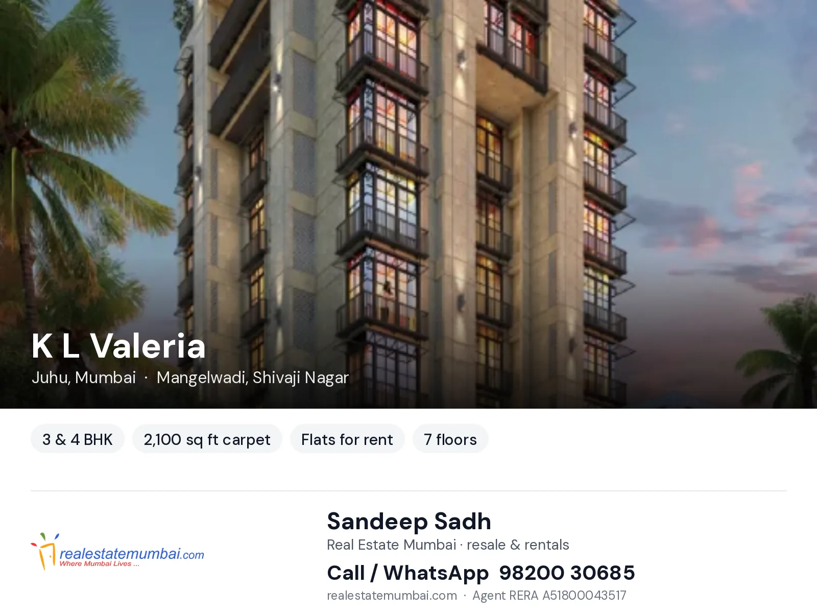 K L Valeria, Juhu, Mumbai — 3 & 4 BHK flats for rent | Real Estate Mumbai, Sandeep Sadh 98200 30685