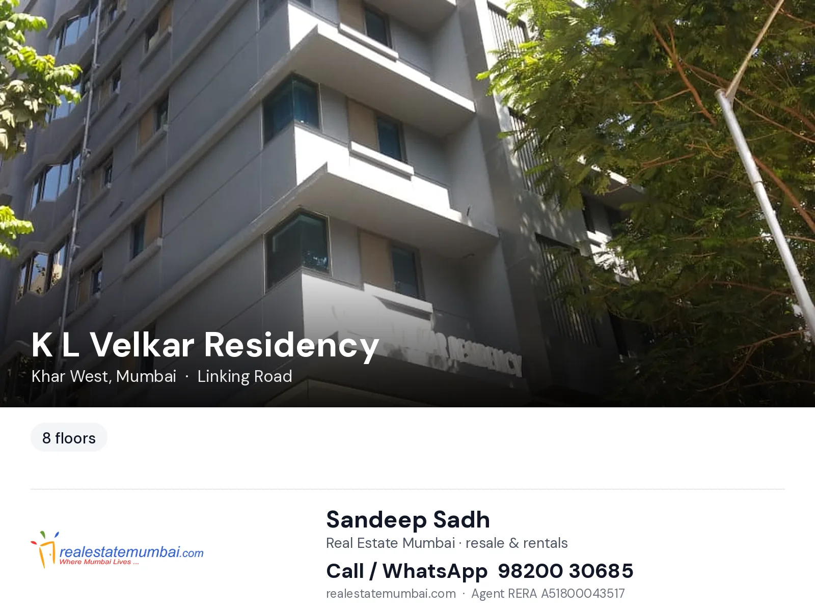 K L Velkar Residency, Khar West, Mumbai — flats | Real Estate Mumbai, Sandeep Sadh 98200 30685