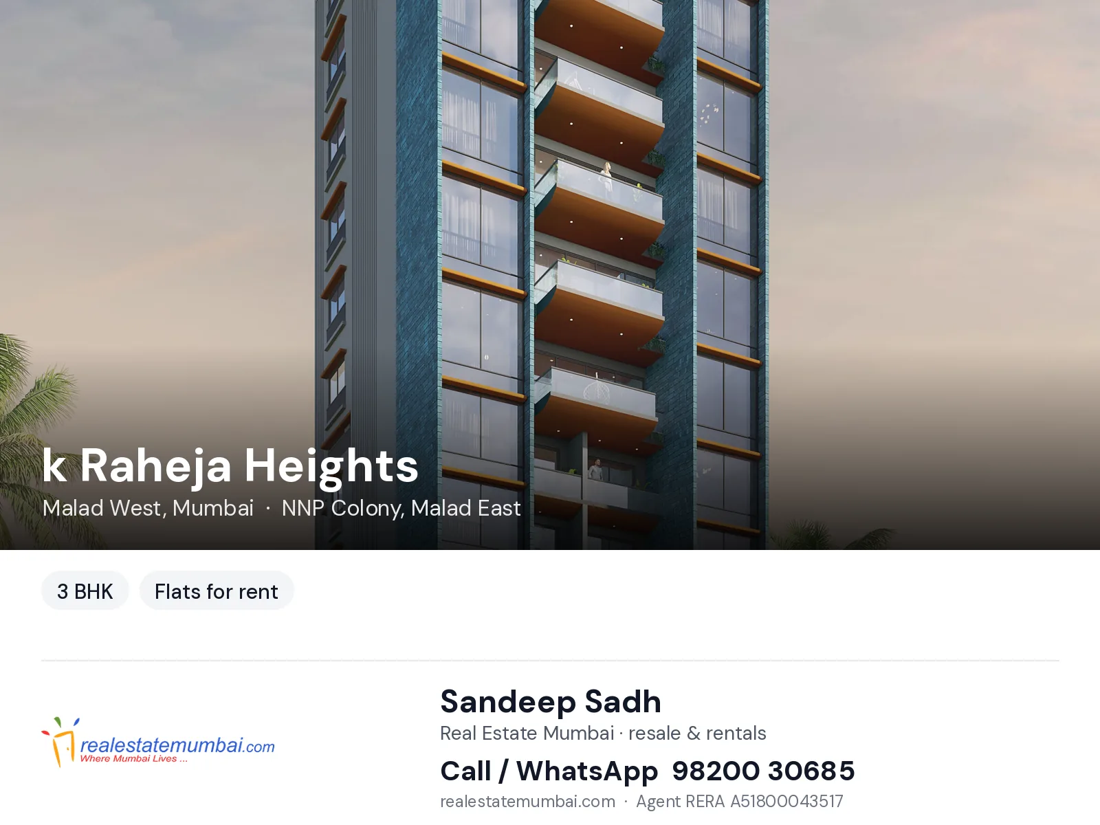 k Raheja Heights, Malad West, Mumbai — 3 BHK flats for rent | Real Estate Mumbai, Sandeep Sadh 98200 30685