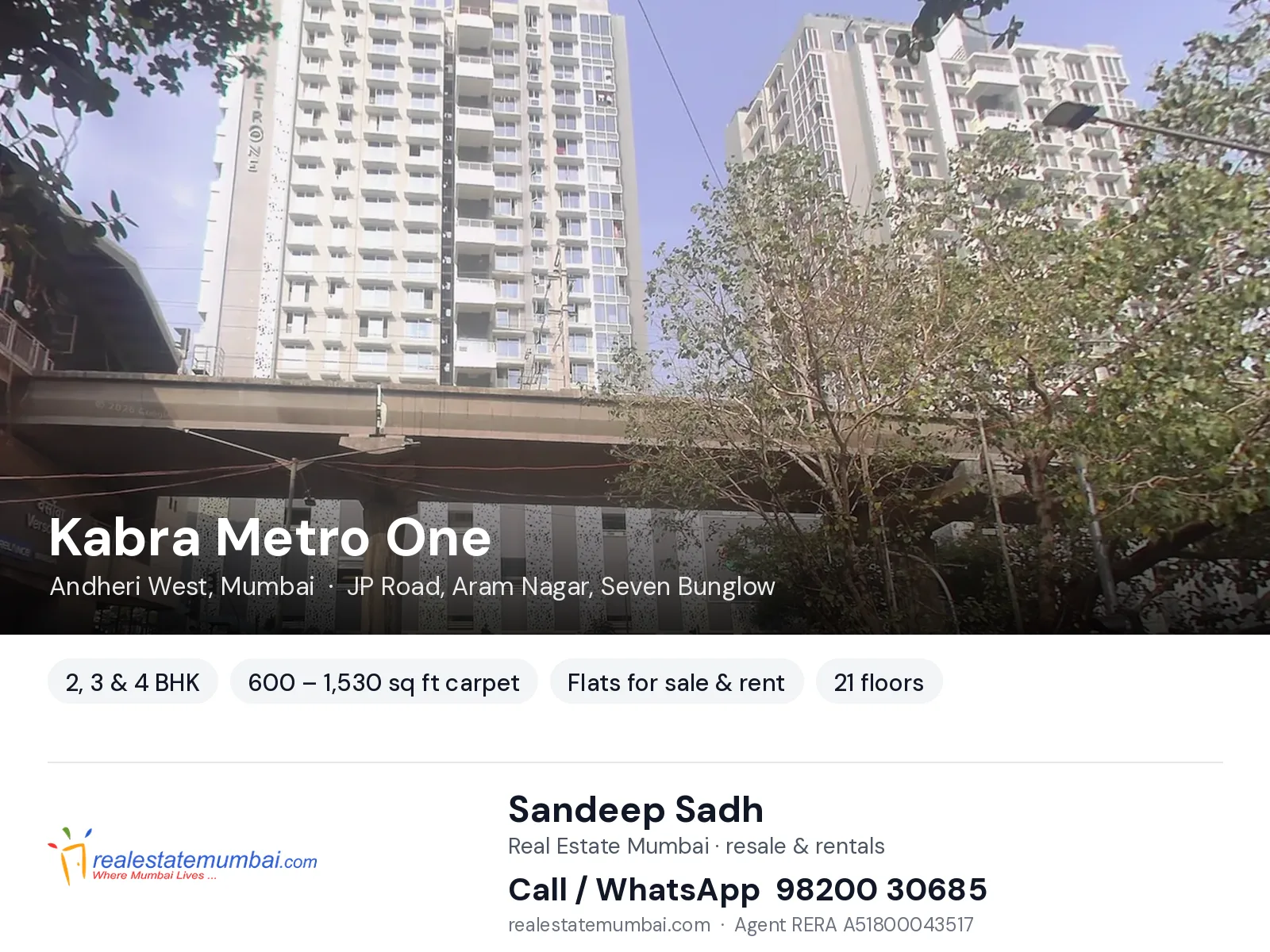 Kabra Metro One, Andheri West, Mumbai — 2, 3 & 4 BHK flats for sale & rent | Real Estate Mumbai, Sandeep Sadh 98200 30685