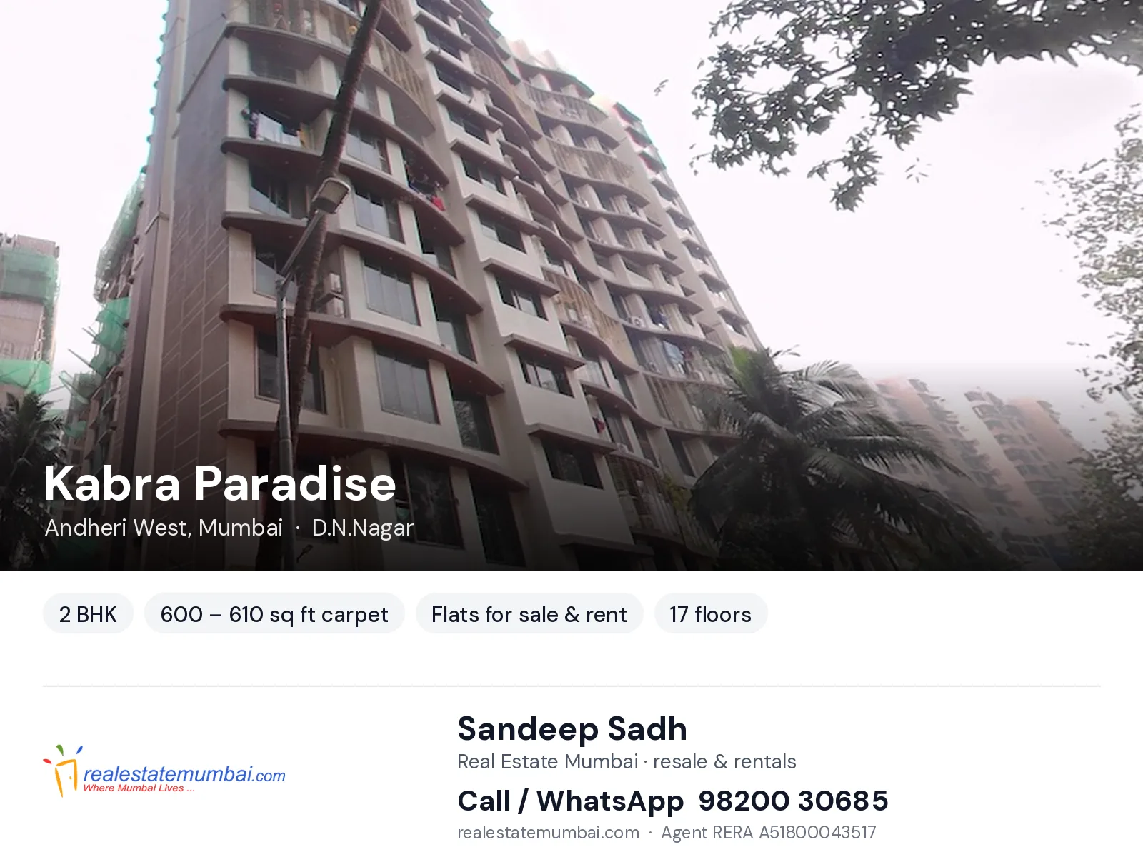 Kabra Paradise, Andheri West, Mumbai — 2 BHK flats for sale & rent | Real Estate Mumbai, Sandeep Sadh 98200 30685