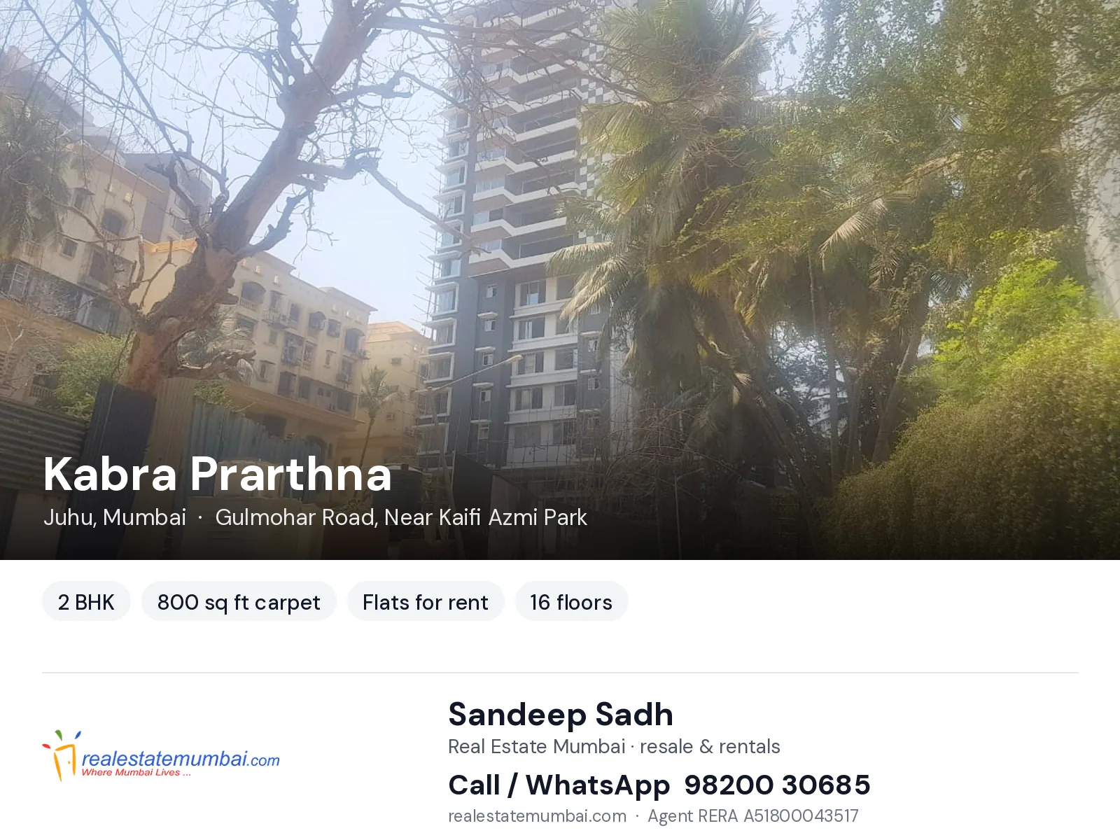 Kabra Prarthna, Juhu, Mumbai — 2 BHK flats for rent | Real Estate Mumbai, Sandeep Sadh 98200 30685