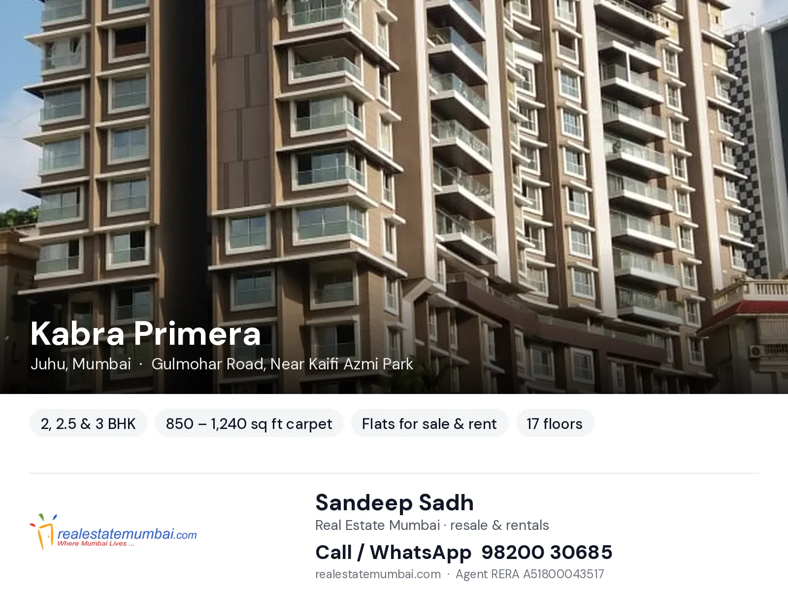 Kabra Primera, Juhu, Mumbai — 2, 2.5 & 3 BHK flats for sale & rent | Real Estate Mumbai, Sandeep Sadh 98200 30685