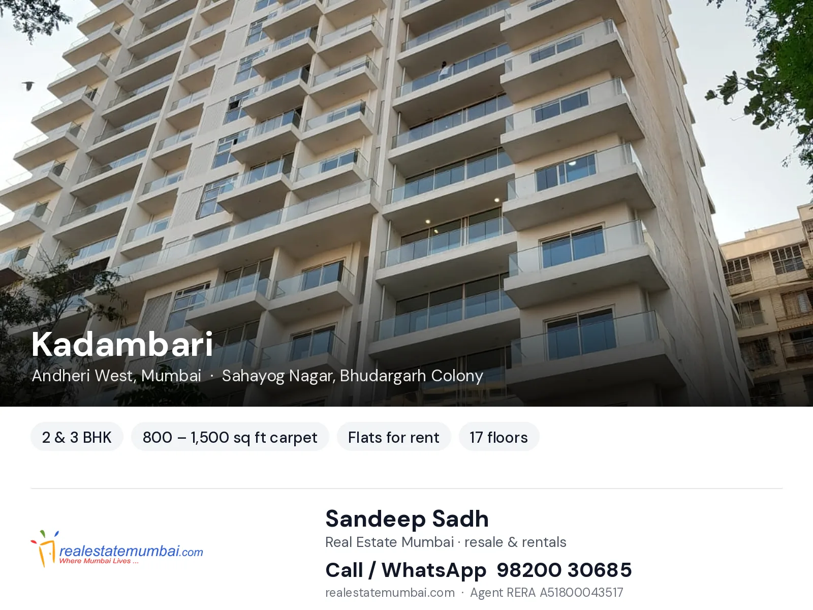 Kadambari, Andheri West, Mumbai — 2 & 3 BHK flats for rent | Real Estate Mumbai, Sandeep Sadh 98200 30685