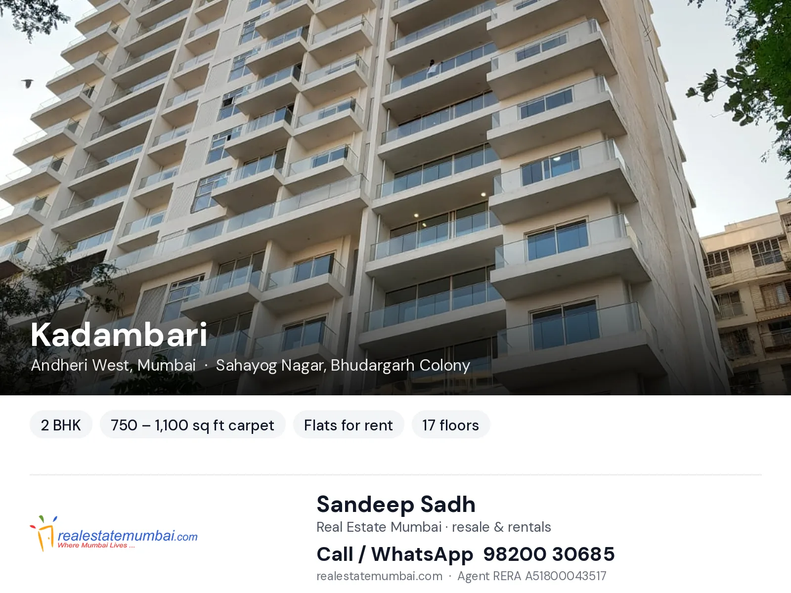 Kadambari, Andheri West, Mumbai — 2 BHK flats for rent | Real Estate Mumbai, Sandeep Sadh 98200 30685