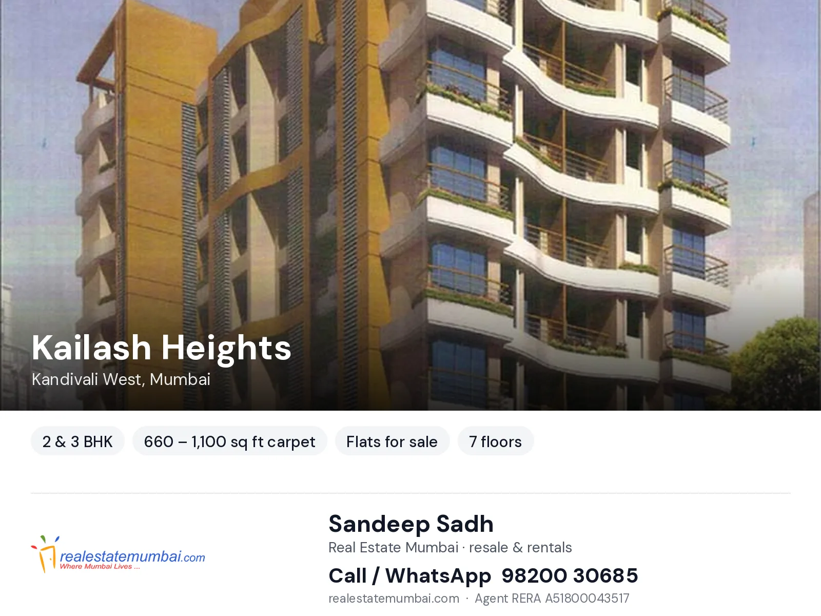 Kailash Heights, Kandivali West, Mumbai — 2 & 3 BHK flats for sale | Real Estate Mumbai, Sandeep Sadh 98200 30685