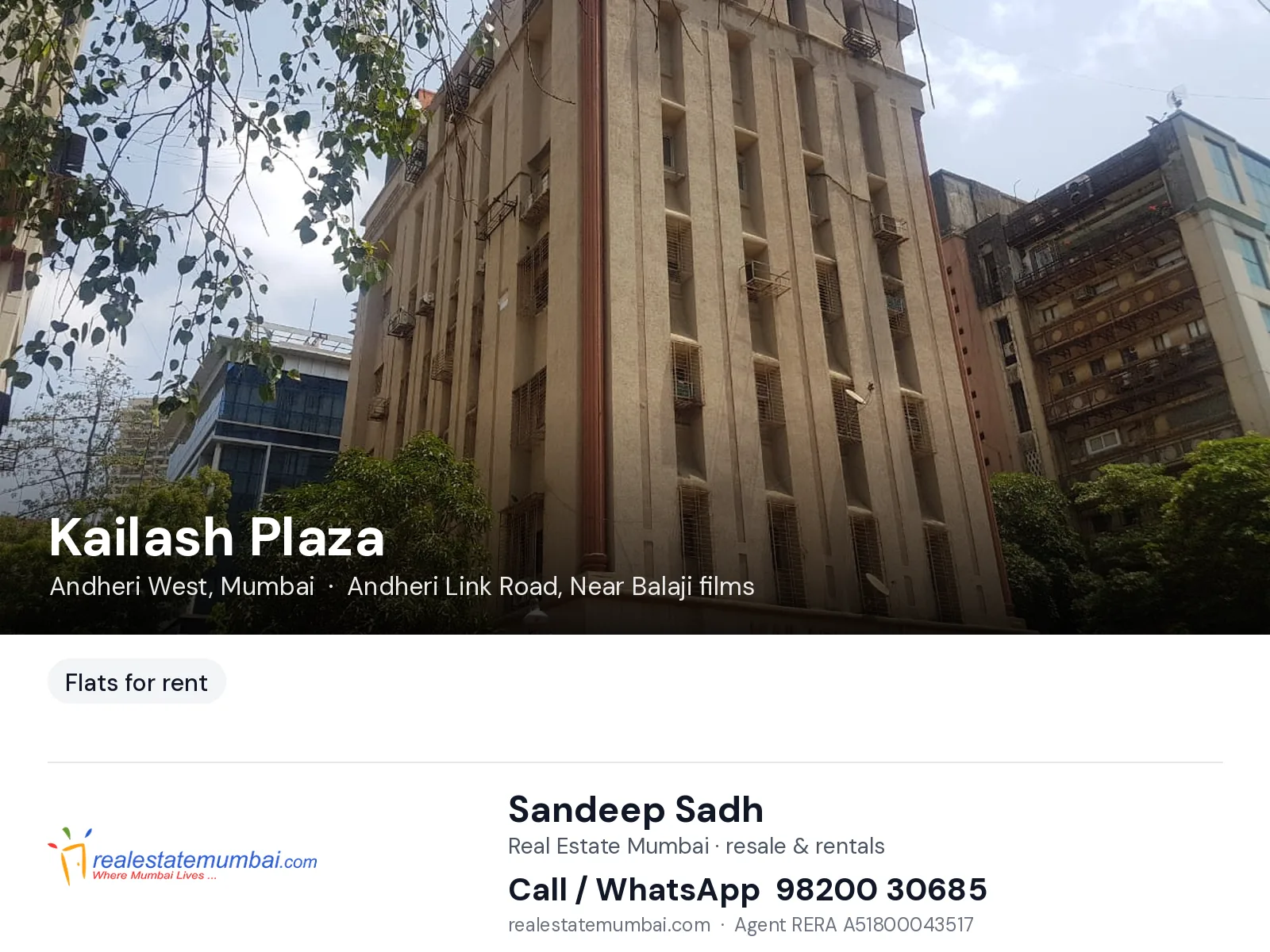 Kailash Plaza, Andheri West, Mumbai — flats for rent | Real Estate Mumbai, Sandeep Sadh 98200 30685