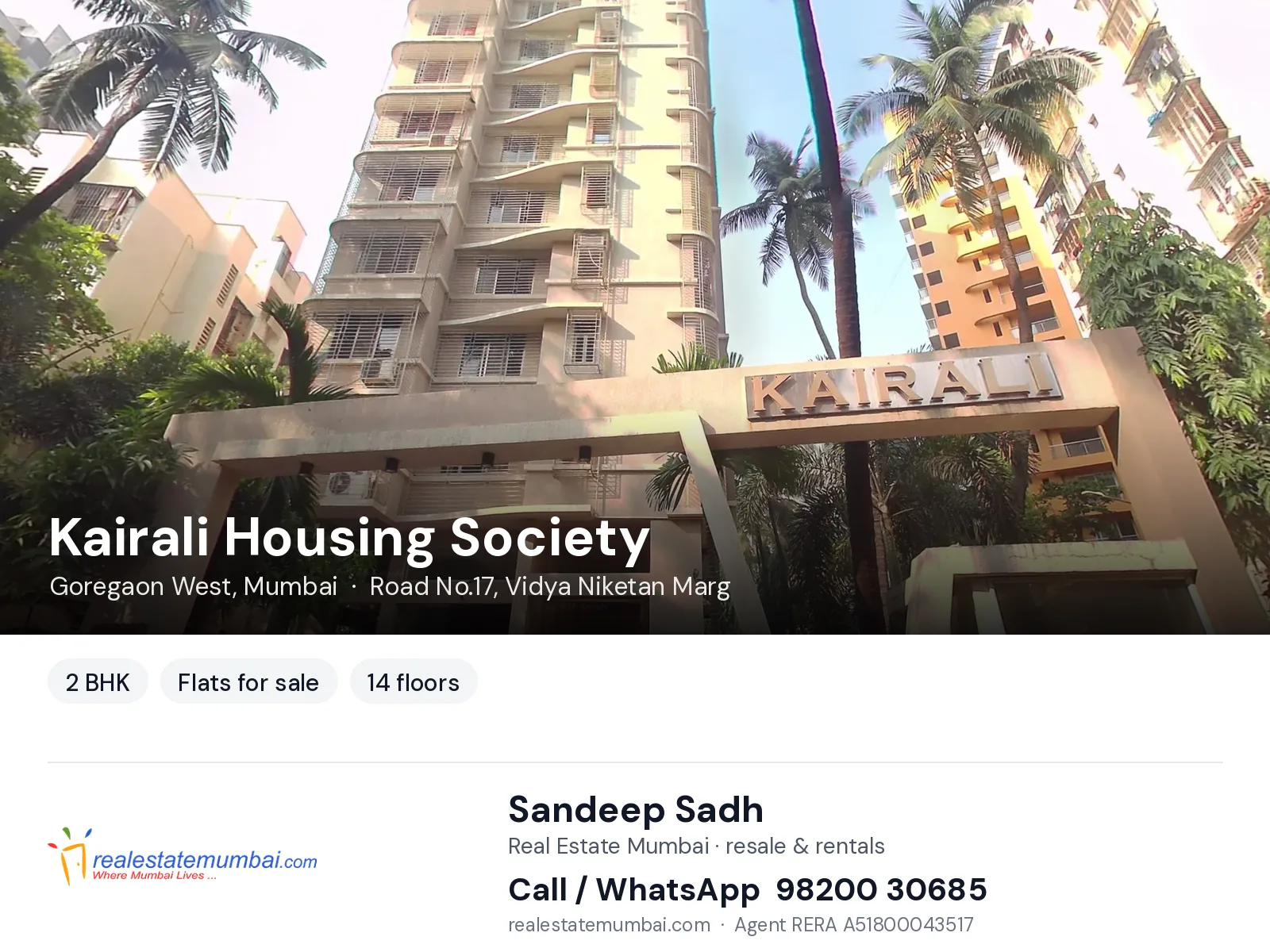 Kairali Housing Society, Goregaon West, Mumbai — 2 BHK flats for sale | Real Estate Mumbai, Sandeep Sadh 98200 30685