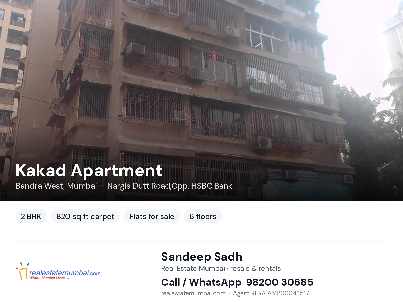 Kakad Apartment, Bandra West, Mumbai — 2 BHK flats for sale | Real Estate Mumbai, Sandeep Sadh 98200 30685
