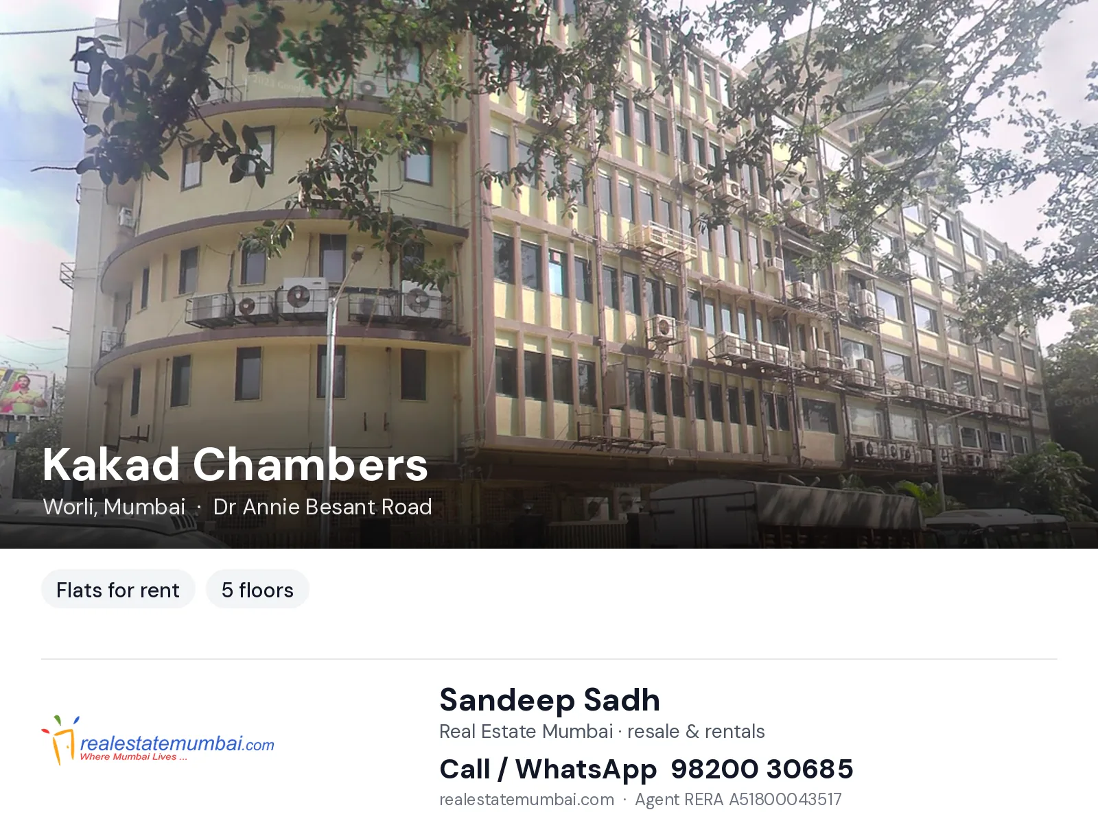 Kakad Chambers, Worli, Mumbai — flats for rent | Real Estate Mumbai, Sandeep Sadh 98200 30685