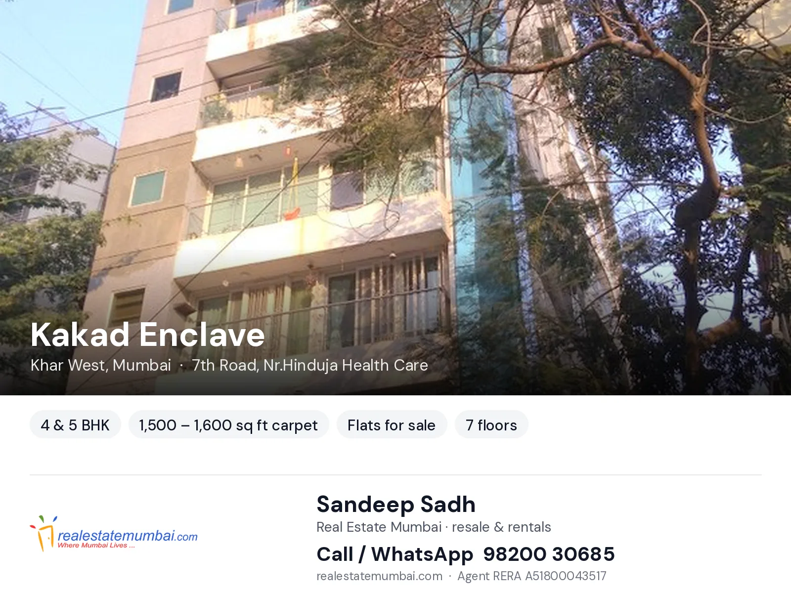 Kakad Enclave, Khar West, Mumbai — 4 & 5 BHK flats for sale | Real Estate Mumbai, Sandeep Sadh 98200 30685