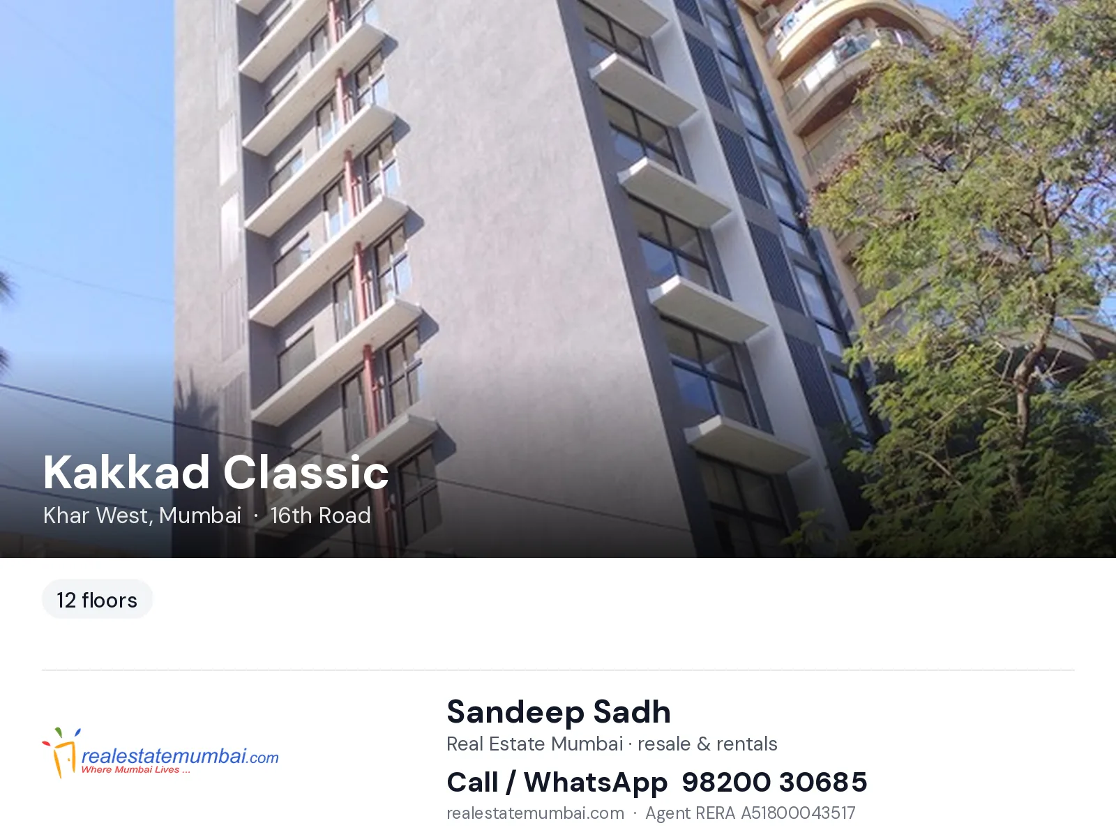 Kakkad Classic, Khar West, Mumbai — flats | Real Estate Mumbai, Sandeep Sadh 98200 30685