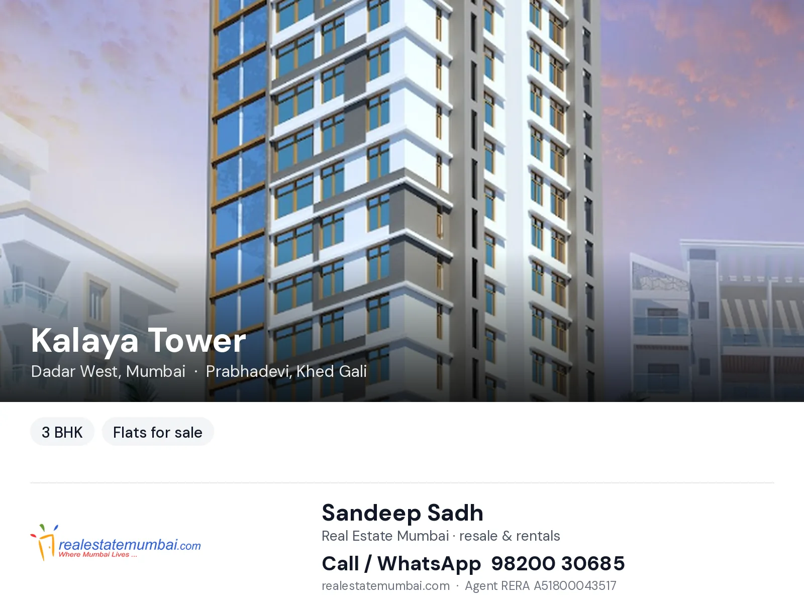 Kalaya Tower, Dadar West, Mumbai — 3 BHK flats for sale | Real Estate Mumbai, Sandeep Sadh 98200 30685