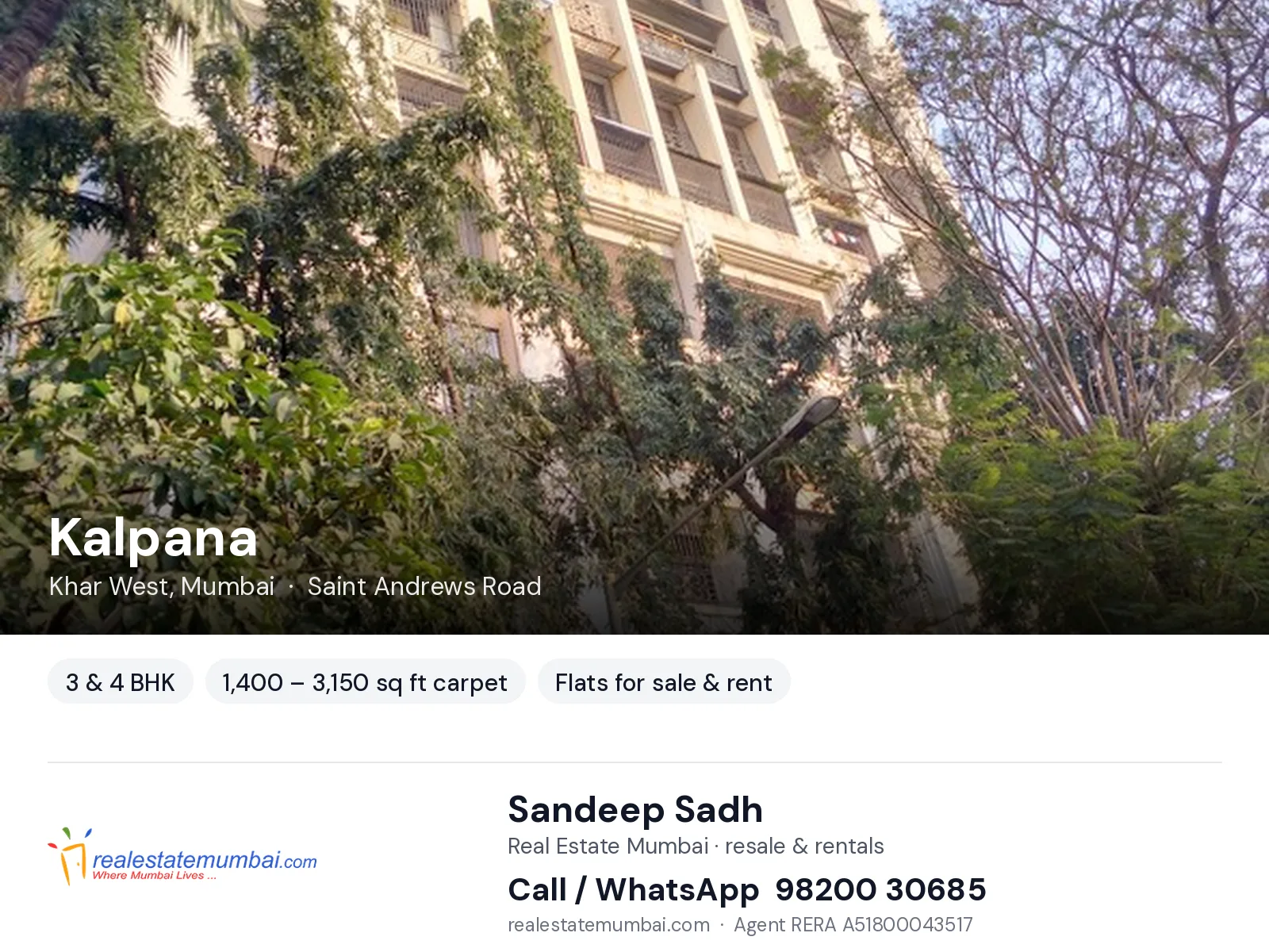 Kalpana, Khar West, Mumbai — 3 & 4 BHK flats for sale & rent | Real Estate Mumbai, Sandeep Sadh 98200 30685