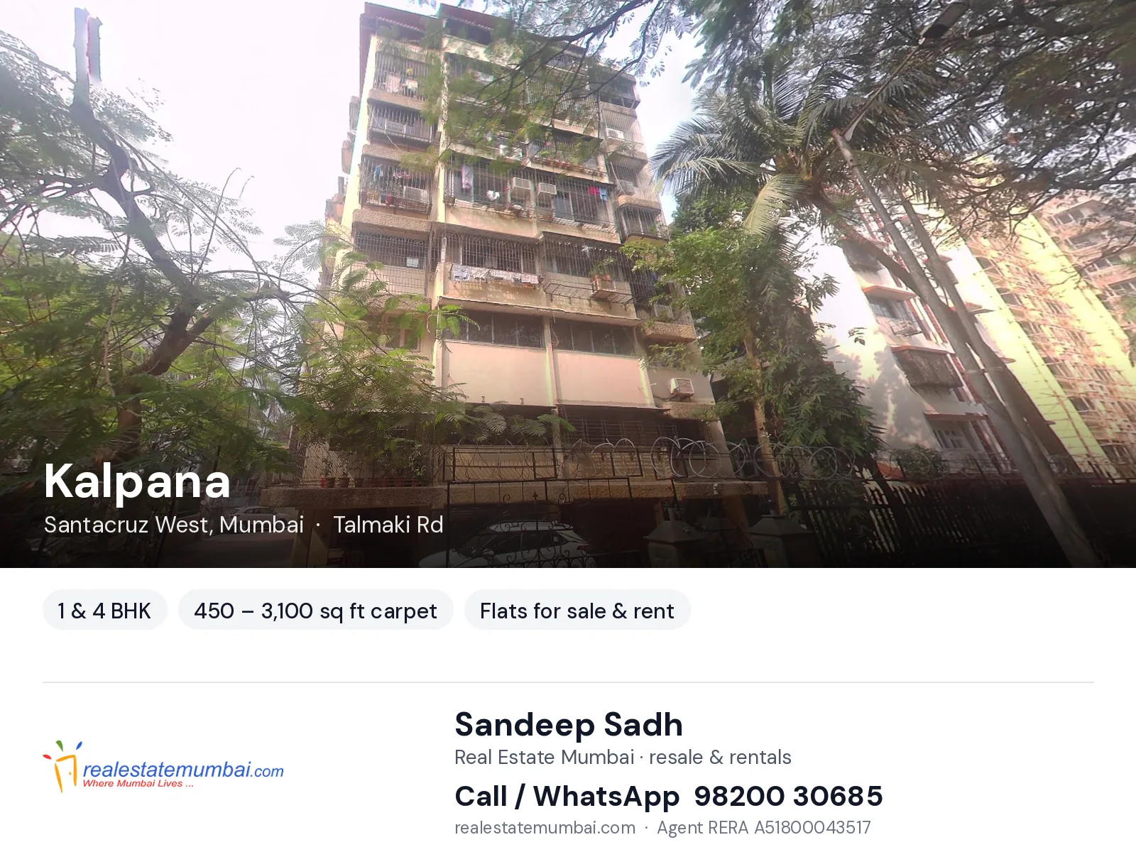 Kalpana, Santacruz West, Mumbai — 1 & 4 BHK flats for sale & rent | Real Estate Mumbai, Sandeep Sadh 98200 30685