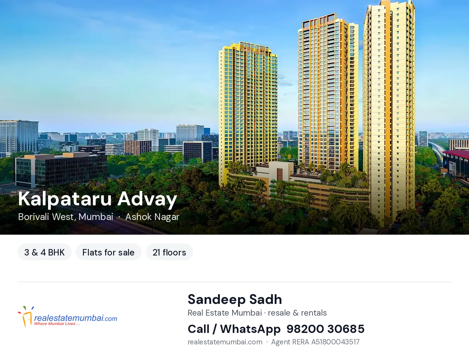 Kalpataru Advay, Borivali West, Mumbai — 3 & 4 BHK flats for sale | Real Estate Mumbai, Sandeep Sadh 98200 30685