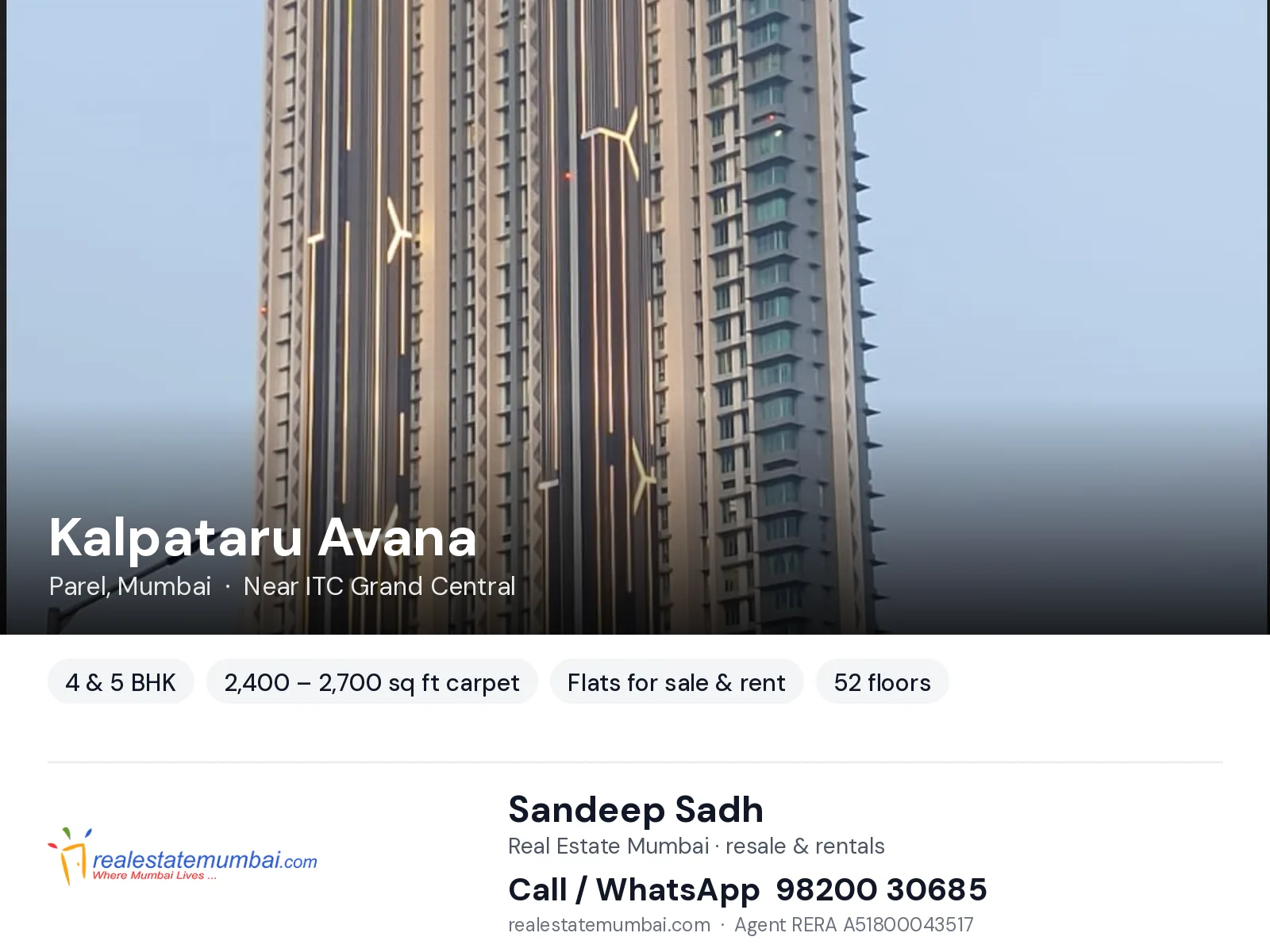 Kalpataru Avana, Parel, Mumbai — 4 & 5 BHK flats for sale & rent | Real Estate Mumbai, Sandeep Sadh 98200 30685