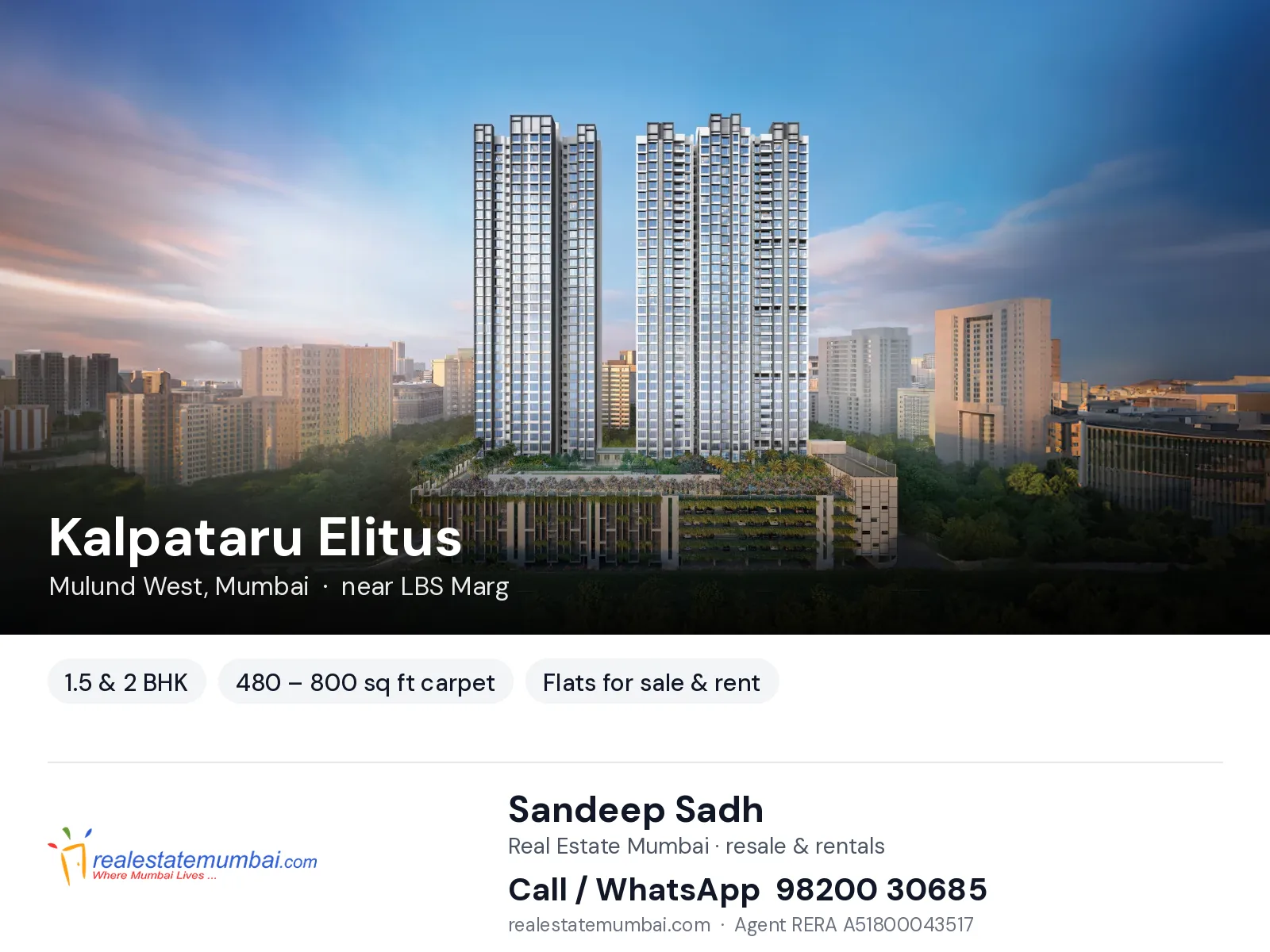 Kalpataru Elitus, Mulund West, Mumbai — 1.5 & 2 BHK flats for sale & rent | Real Estate Mumbai, Sandeep Sadh 98200 30685