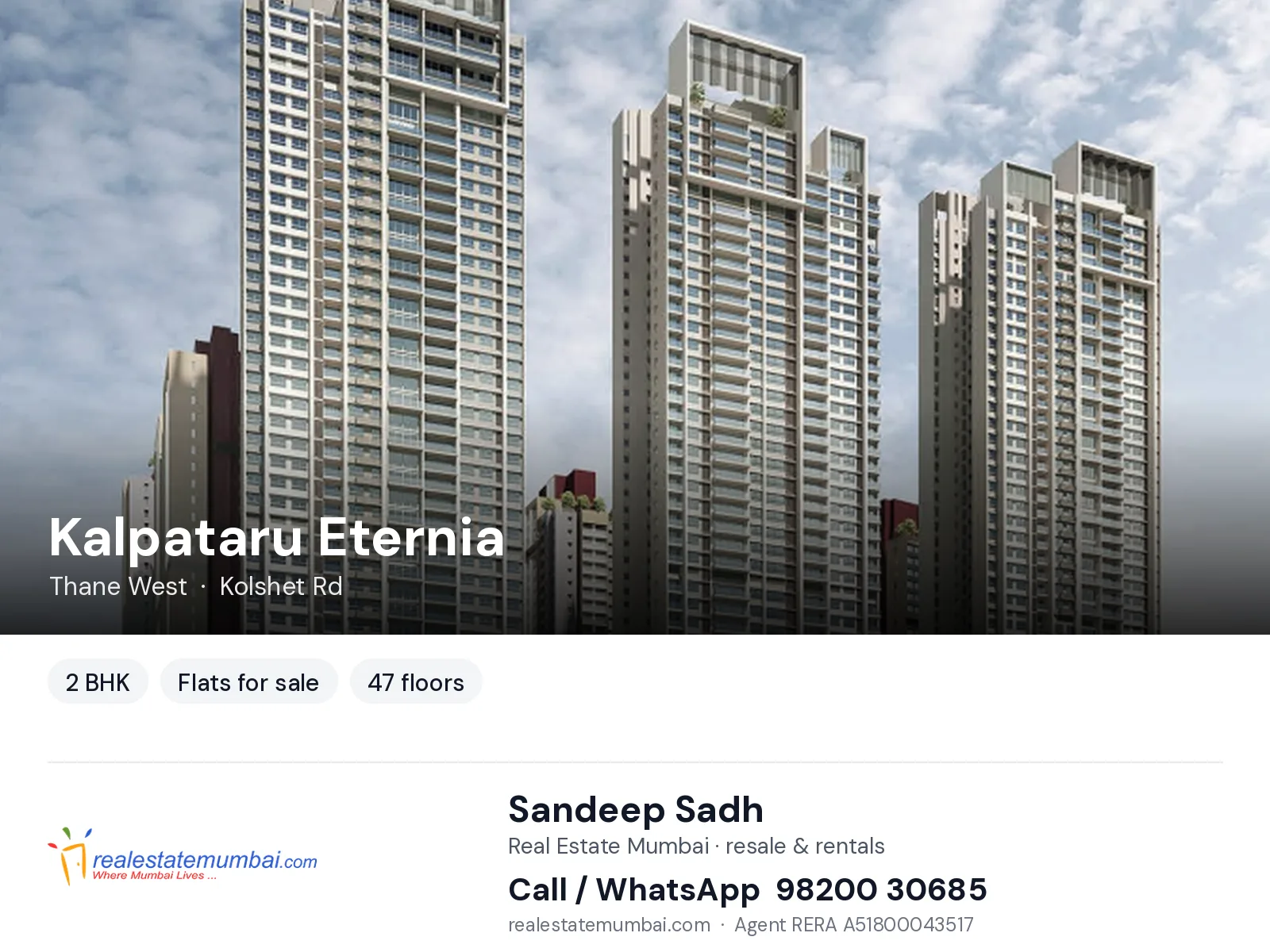 Kalpataru Eternia, Thane West — 2 BHK flats for sale | Real Estate Mumbai, Sandeep Sadh 98200 30685