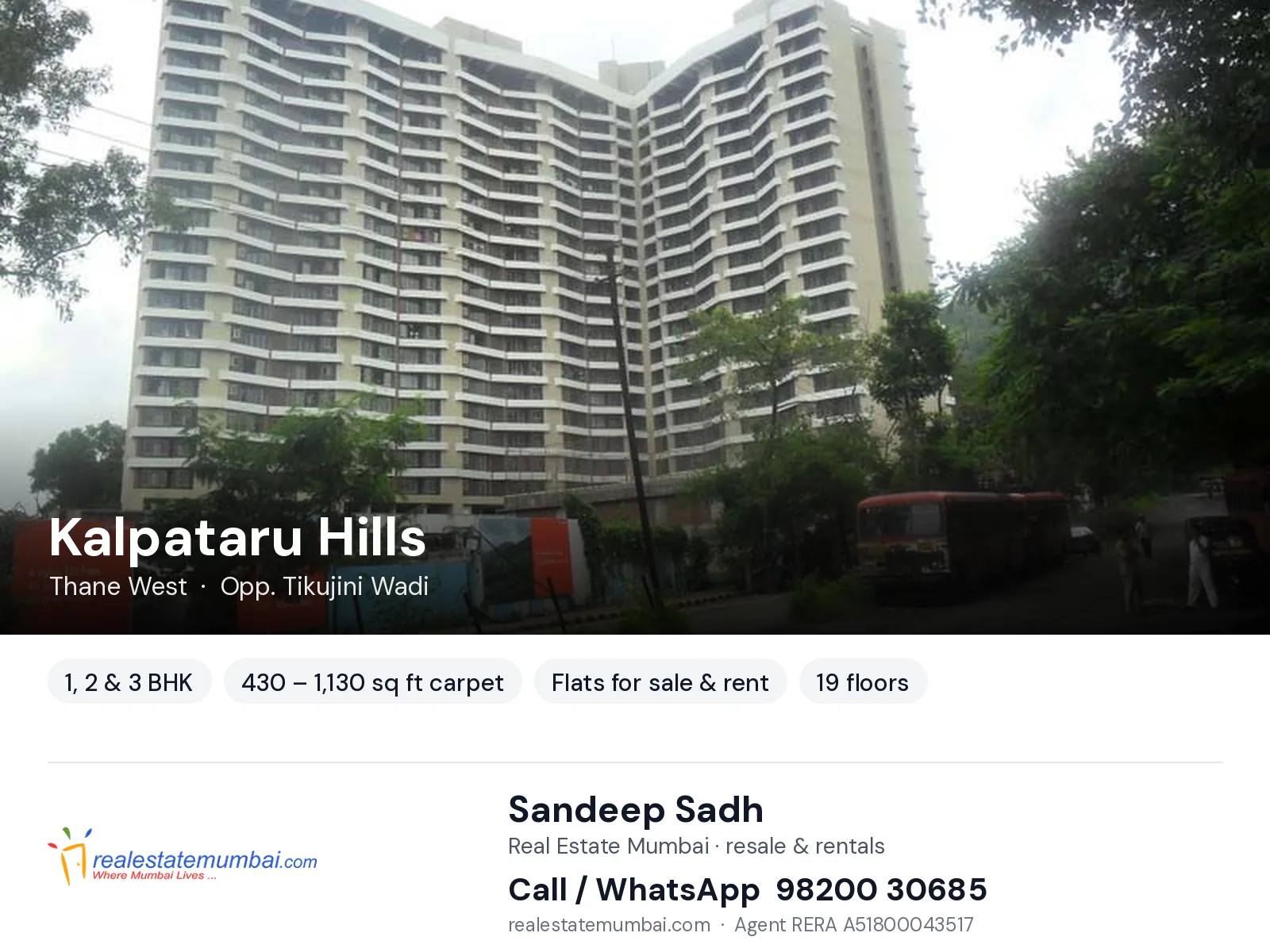 Kalpataru Hills, Thane West — 1, 2 & 3 BHK flats for sale & rent | Real Estate Mumbai, Sandeep Sadh 98200 30685