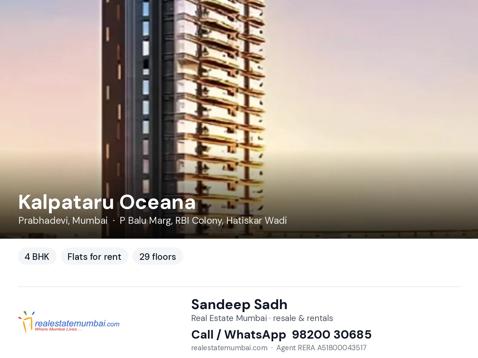 Kalpataru Oceana, Prabhadevi, Mumbai — 4 BHK flats for rent | Real Estate Mumbai, Sandeep Sadh 98200 30685