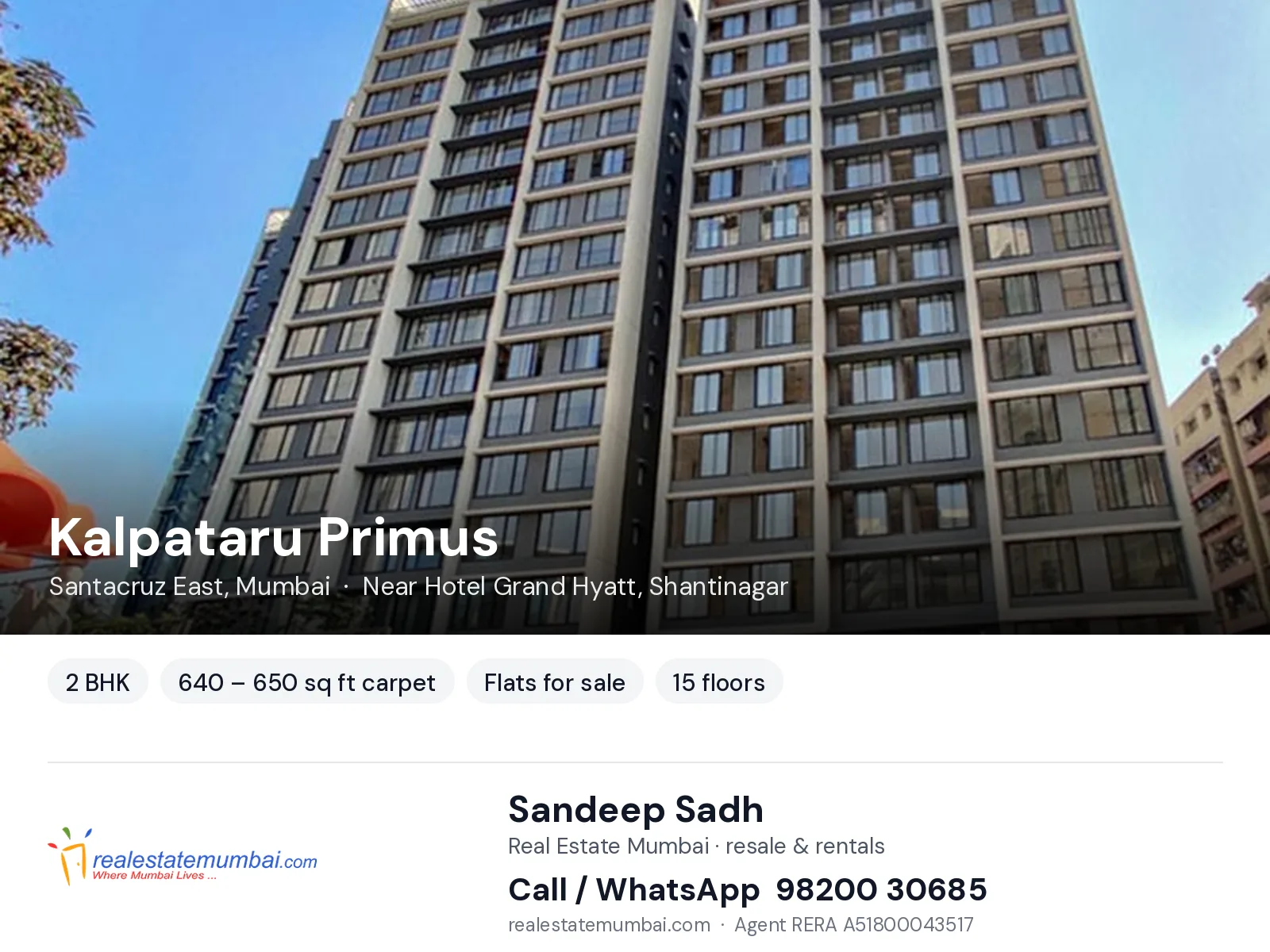 Kalpataru Primus, Santacruz East, Mumbai — 2 BHK flats for sale | Real Estate Mumbai, Sandeep Sadh 98200 30685