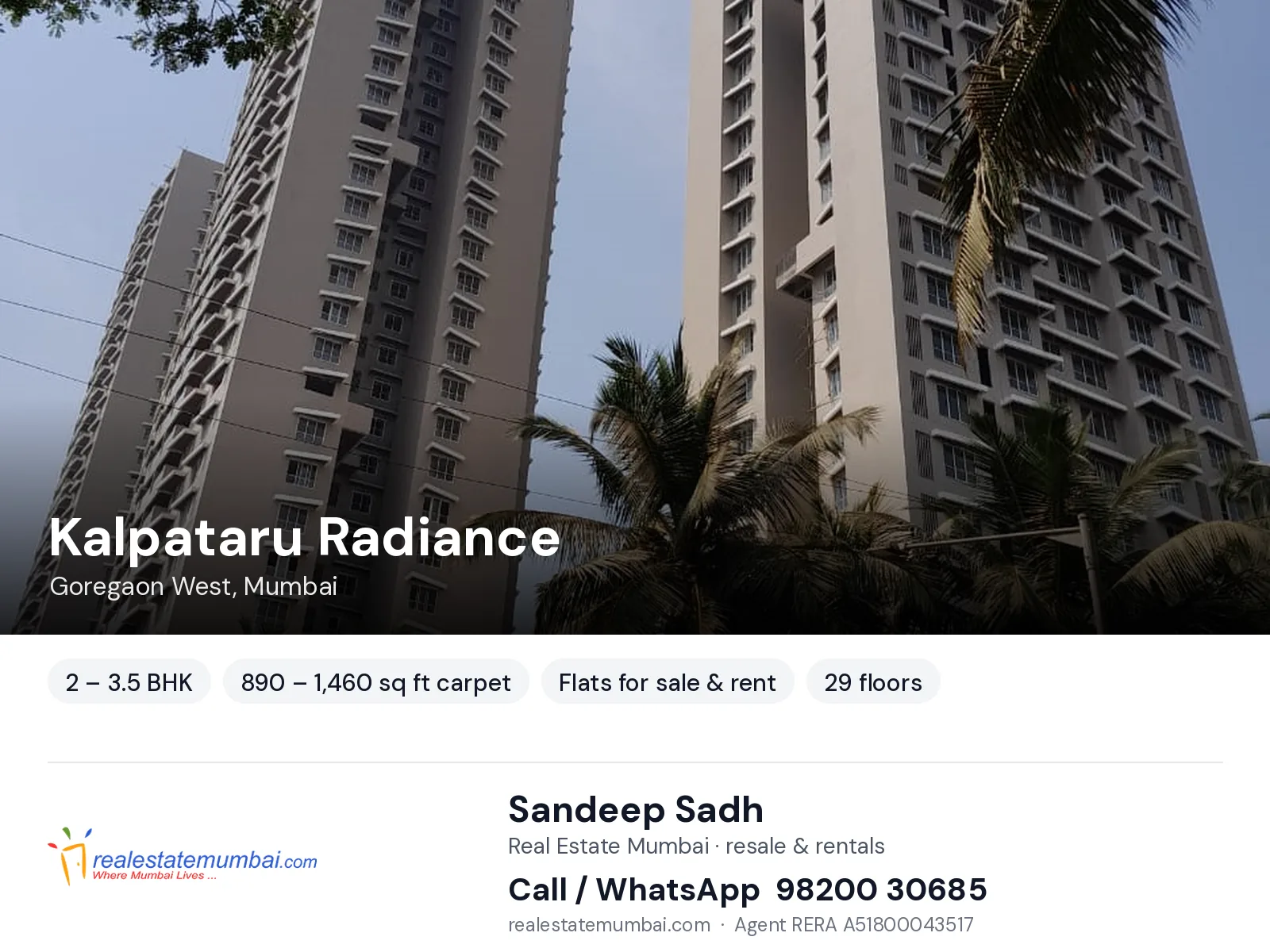 Kalpataru Radiance, Goregaon West, Mumbai — 2 – 3.5 BHK flats for sale & rent | Real Estate Mumbai, Sandeep Sadh 98200 30685