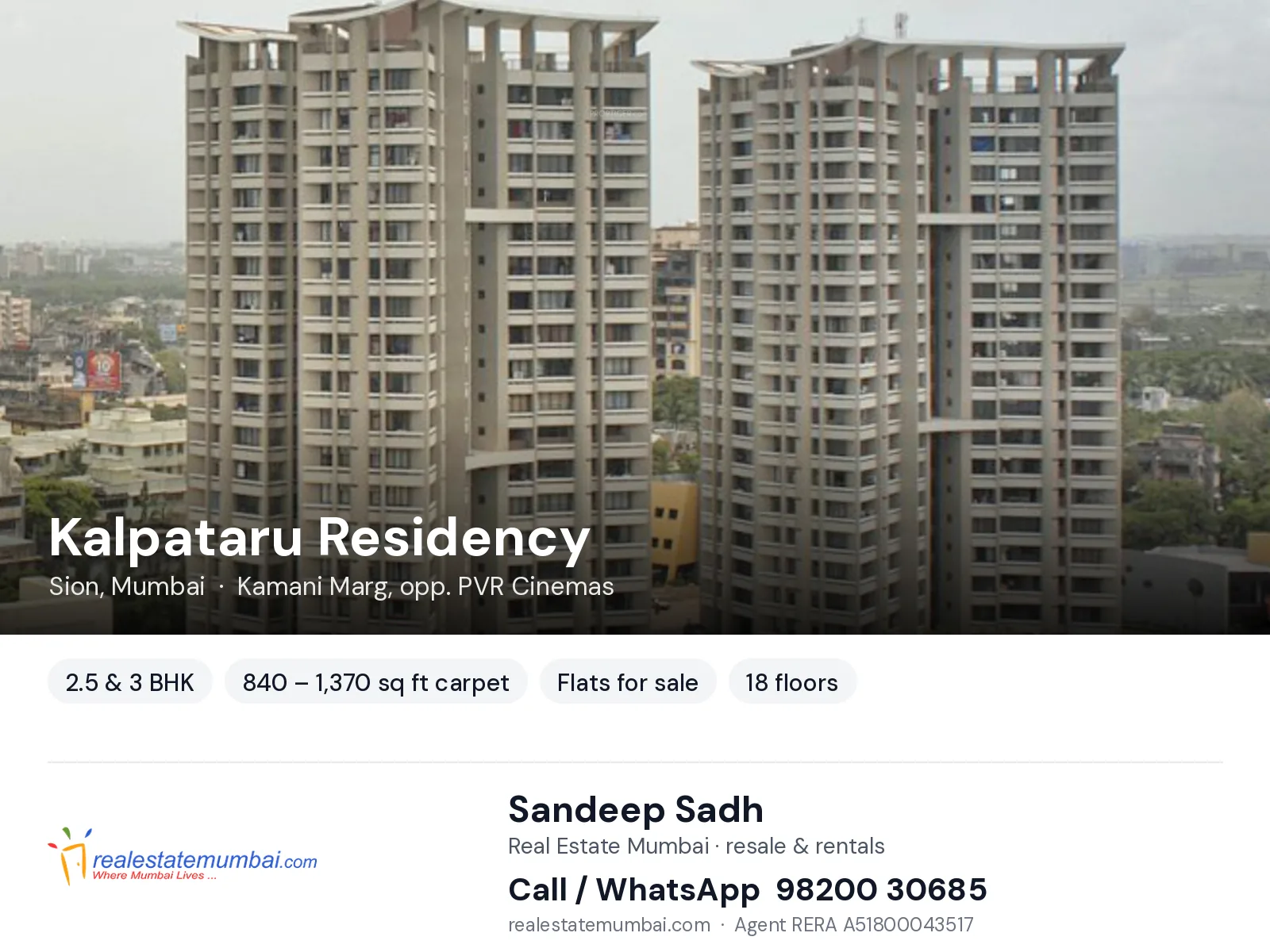 Kalpataru Residency, Sion, Mumbai — 2.5 & 3 BHK flats for sale | Real Estate Mumbai, Sandeep Sadh 98200 30685