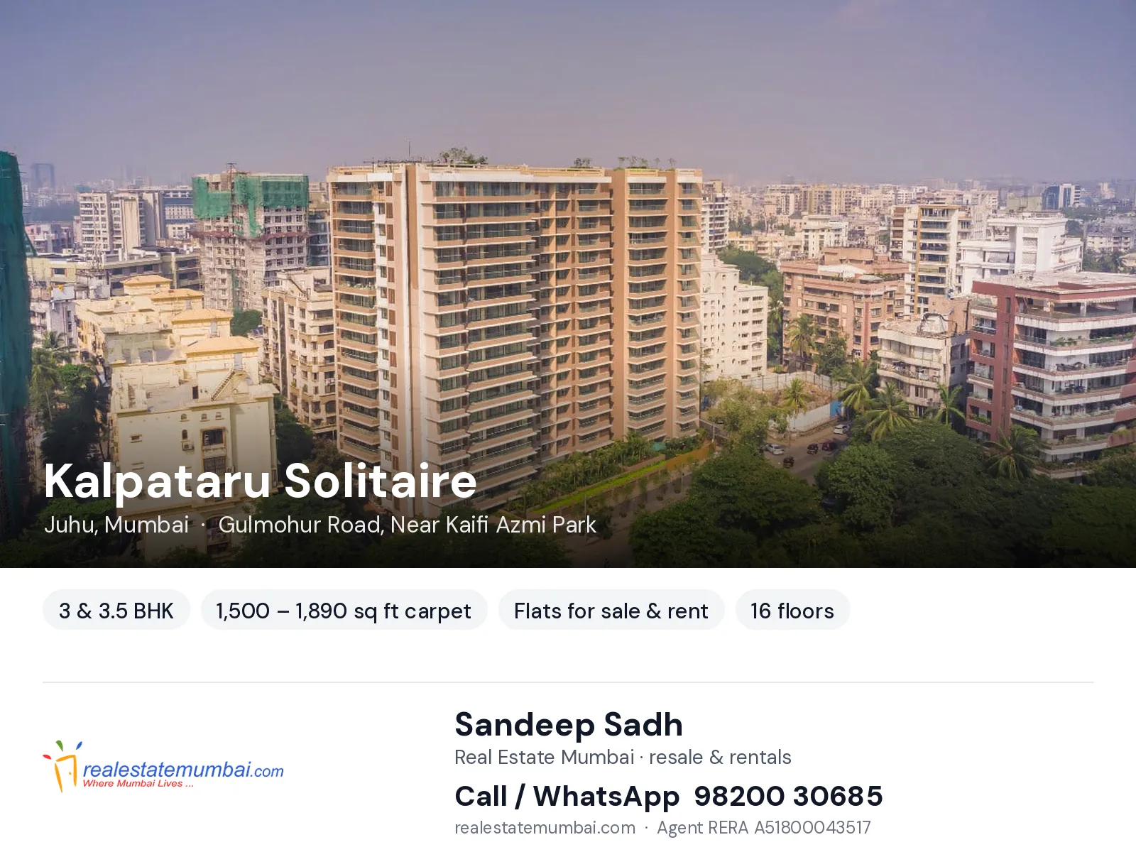 Kalpataru Solitaire, Juhu, Mumbai — 3 & 3.5 BHK flats for sale & rent | Real Estate Mumbai, Sandeep Sadh 98200 30685