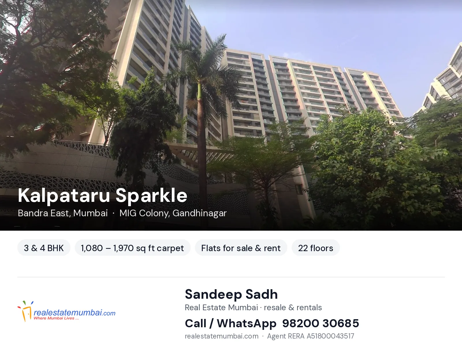Kalpataru Sparkle, Bandra East, Mumbai — 3 & 4 BHK flats for sale & rent | Real Estate Mumbai, Sandeep Sadh 98200 30685