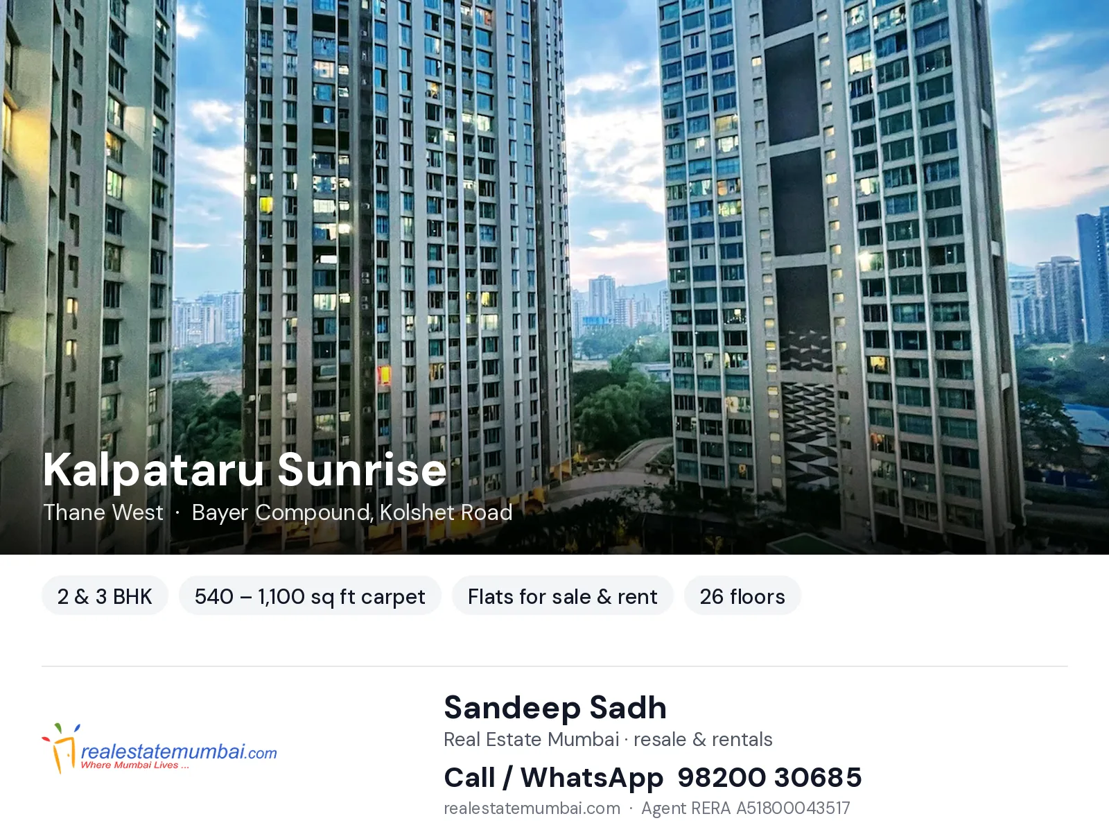 Kalpataru Sunrise, Thane West — 2 & 3 BHK flats for sale & rent | Real Estate Mumbai, Sandeep Sadh 98200 30685