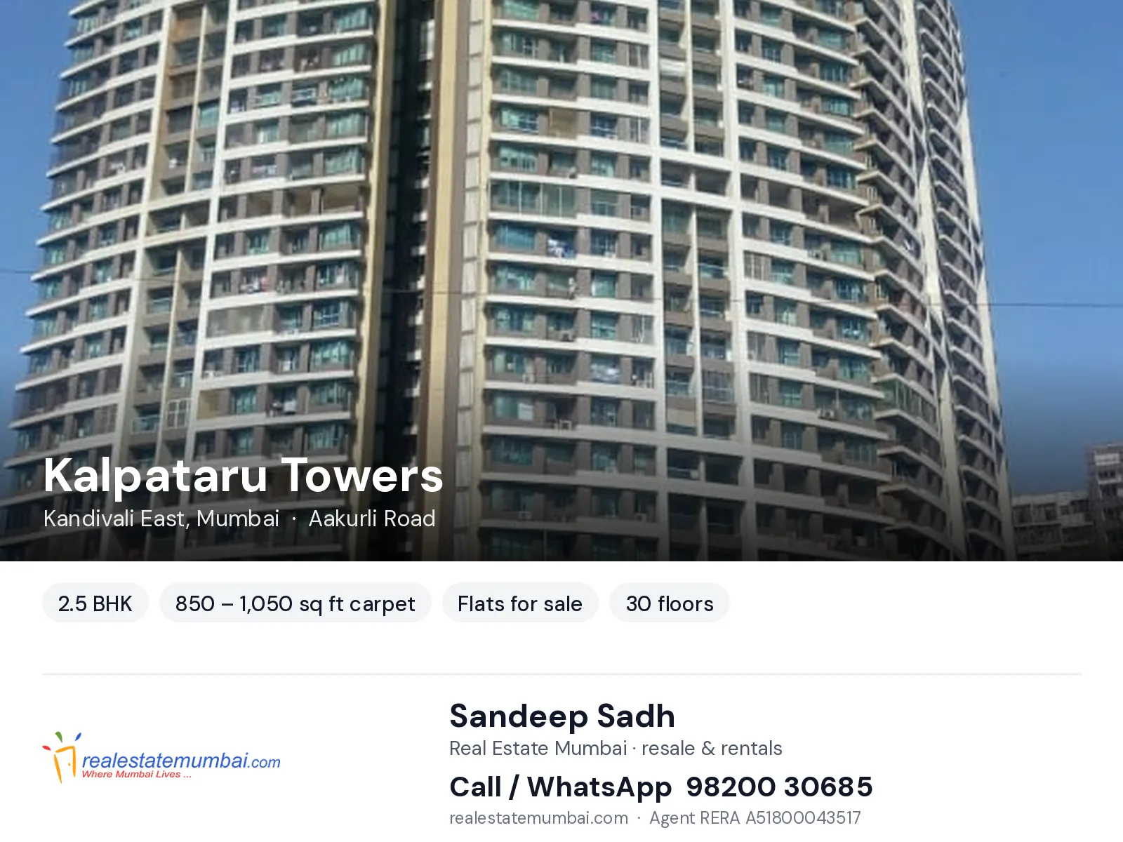 Kalpataru Towers, Kandivali East, Mumbai — 2.5 BHK flats for sale | Real Estate Mumbai, Sandeep Sadh 98200 30685
