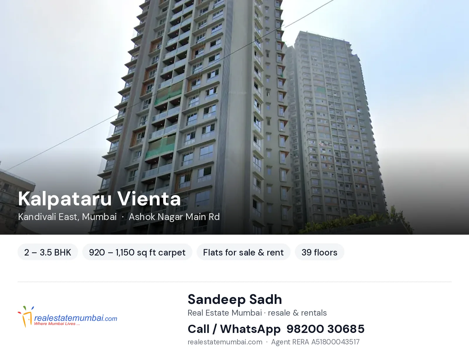 Kalpataru Vienta, Kandivali East, Mumbai — 2 – 3.5 BHK flats for sale & rent | Real Estate Mumbai, Sandeep Sadh 98200 30685