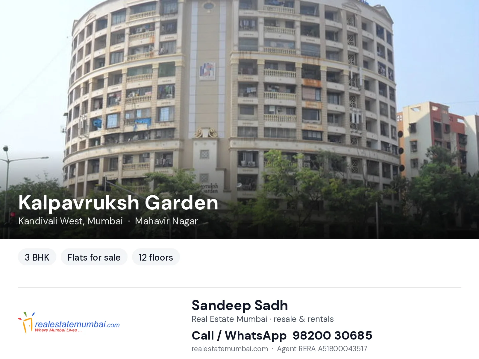 Kalpavruksh Garden, Kandivali West, Mumbai — 3 BHK flats for sale | Real Estate Mumbai, Sandeep Sadh 98200 30685