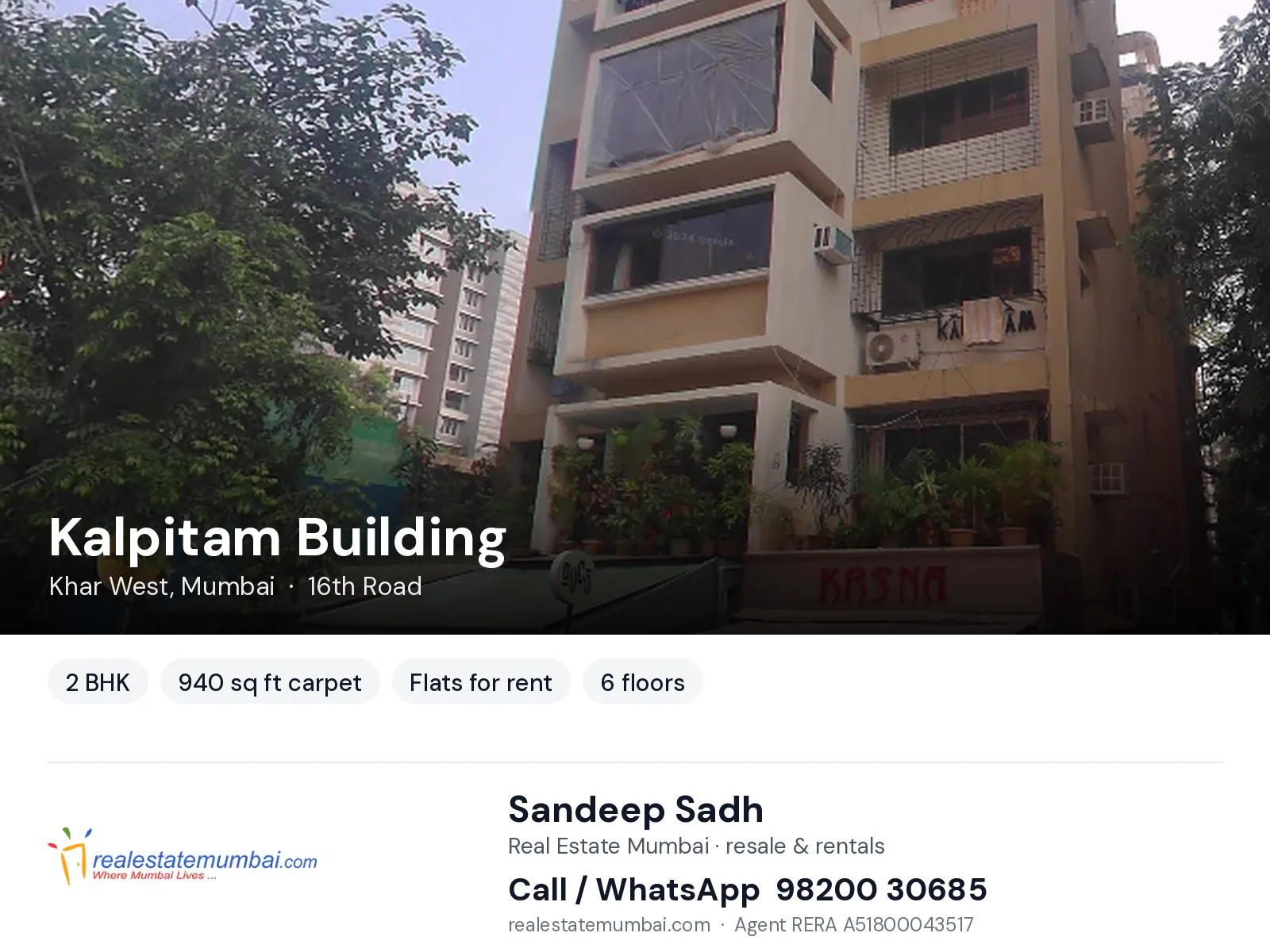 Kalpitam Building, Khar West, Mumbai — 2 BHK flats for rent | Real Estate Mumbai, Sandeep Sadh 98200 30685