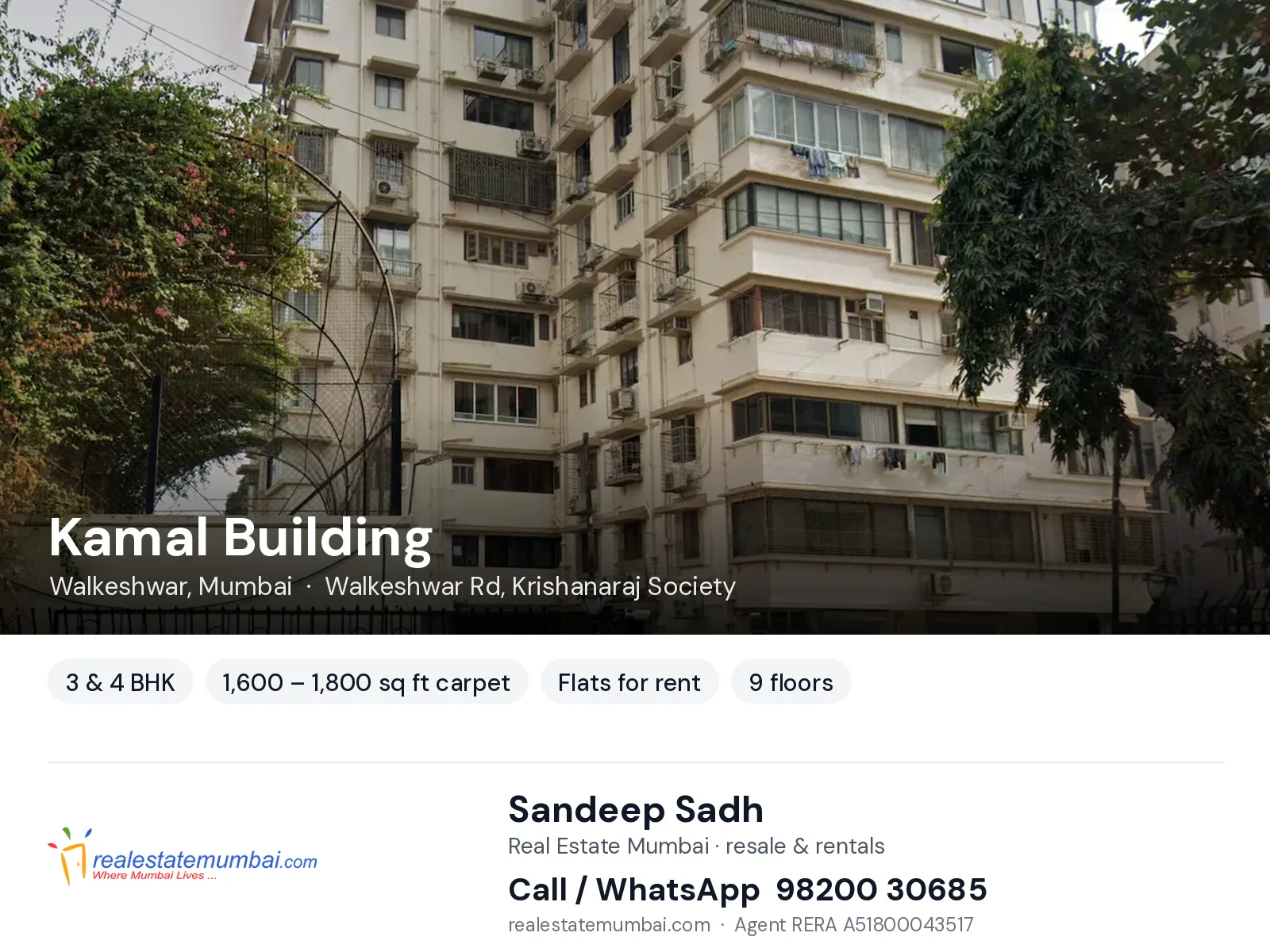 Kamal Building, Walkeshwar, Mumbai — 3 & 4 BHK flats for rent | Real Estate Mumbai, Sandeep Sadh 98200 30685
