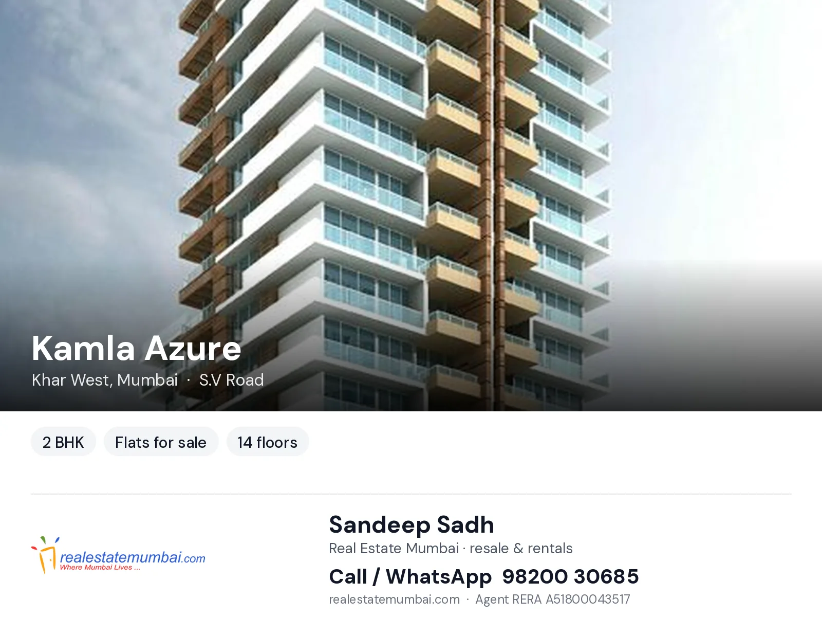 Kamla Azure, Khar West, Mumbai — 2 BHK flats for sale | Real Estate Mumbai, Sandeep Sadh 98200 30685