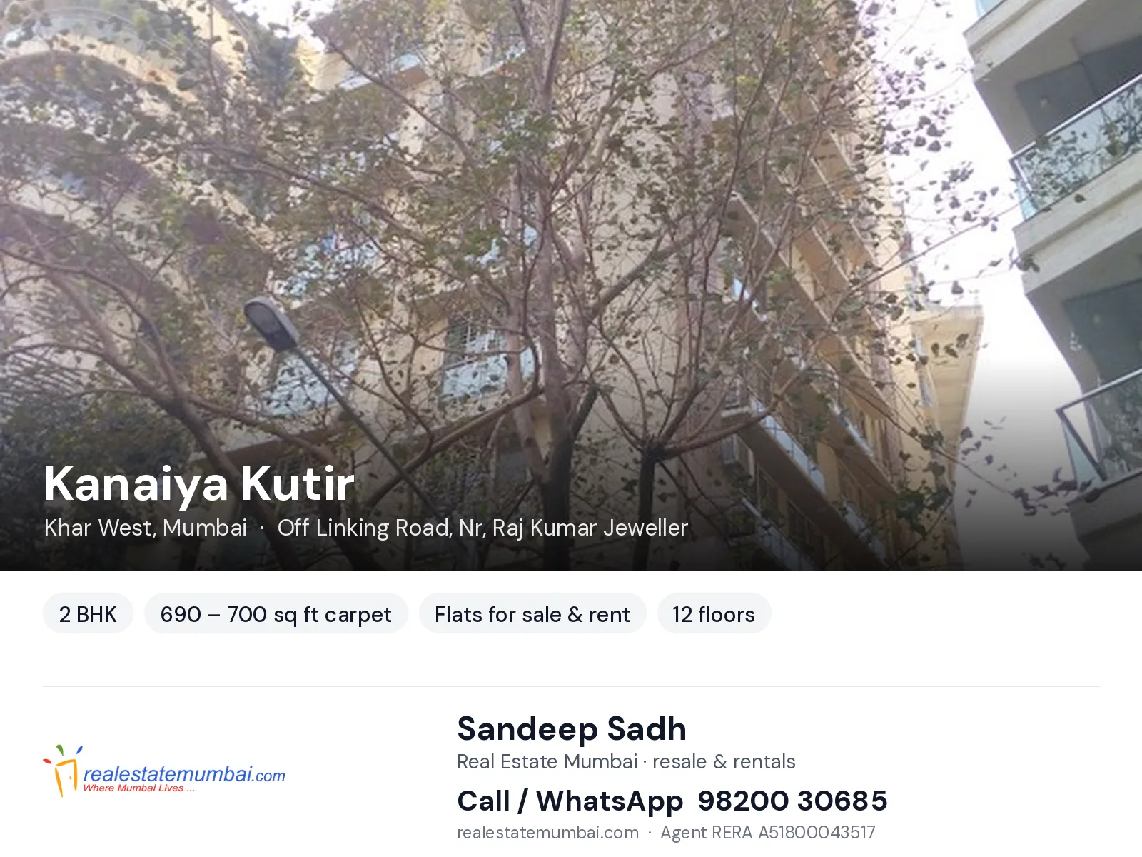 Kanaiya Kutir, Khar West, Mumbai — 2 BHK flats for sale & rent | Real Estate Mumbai, Sandeep Sadh 98200 30685