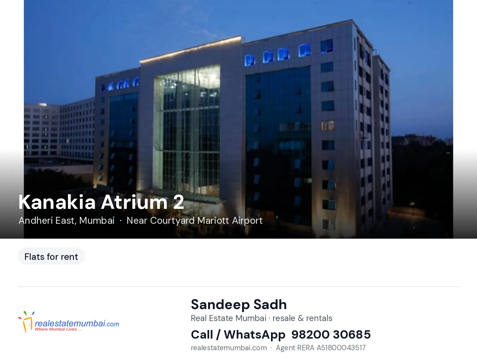 Kanakia Atrium 2, Andheri East, Mumbai — flats for rent | Real Estate Mumbai, Sandeep Sadh 98200 30685