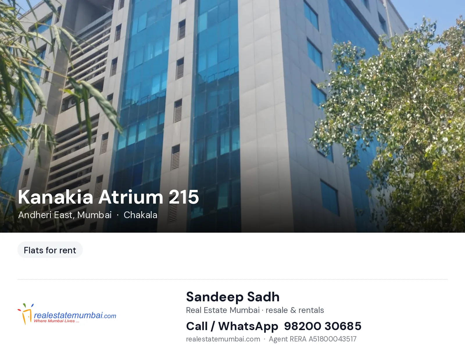 Kanakia Atrium 215, Andheri East, Mumbai — flats for rent | Real Estate Mumbai, Sandeep Sadh 98200 30685