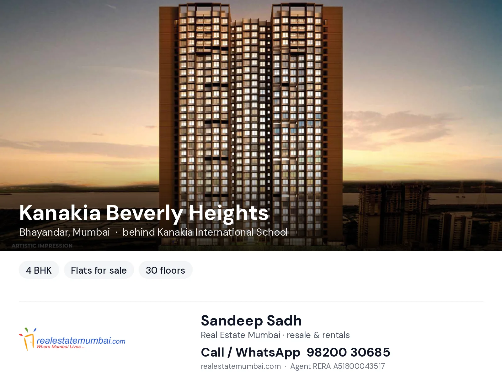 Kanakia Beverly Heights, Bhayandar, Mumbai — 4 BHK flats for sale | Real Estate Mumbai, Sandeep Sadh 98200 30685
